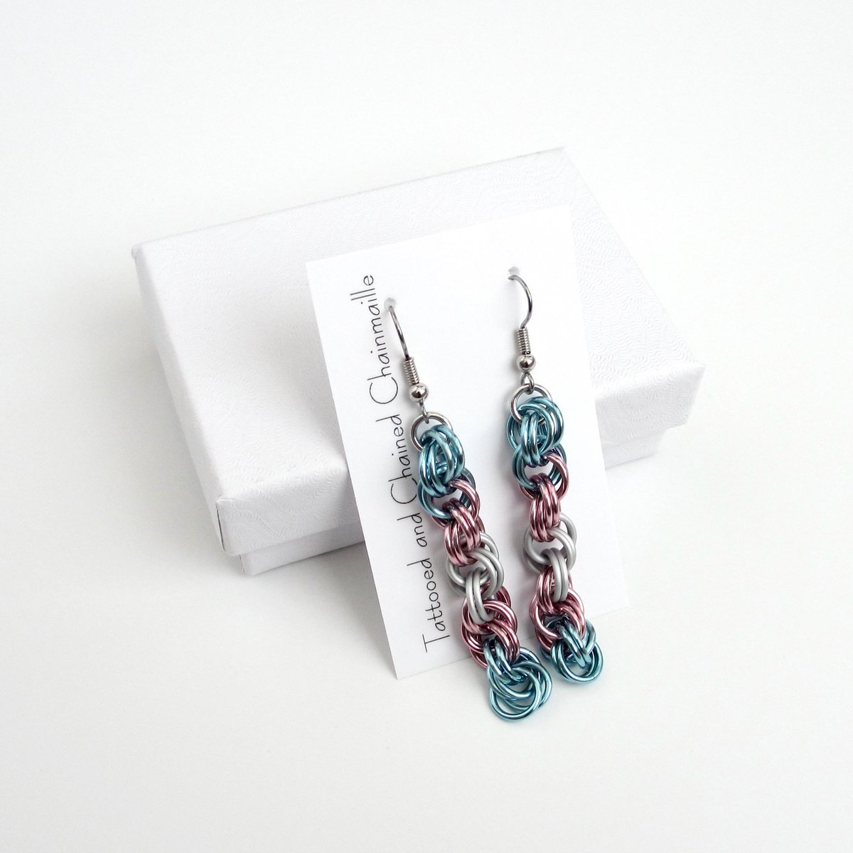 Transgender pride earrings, handmade chainmail spiral weave jewelry