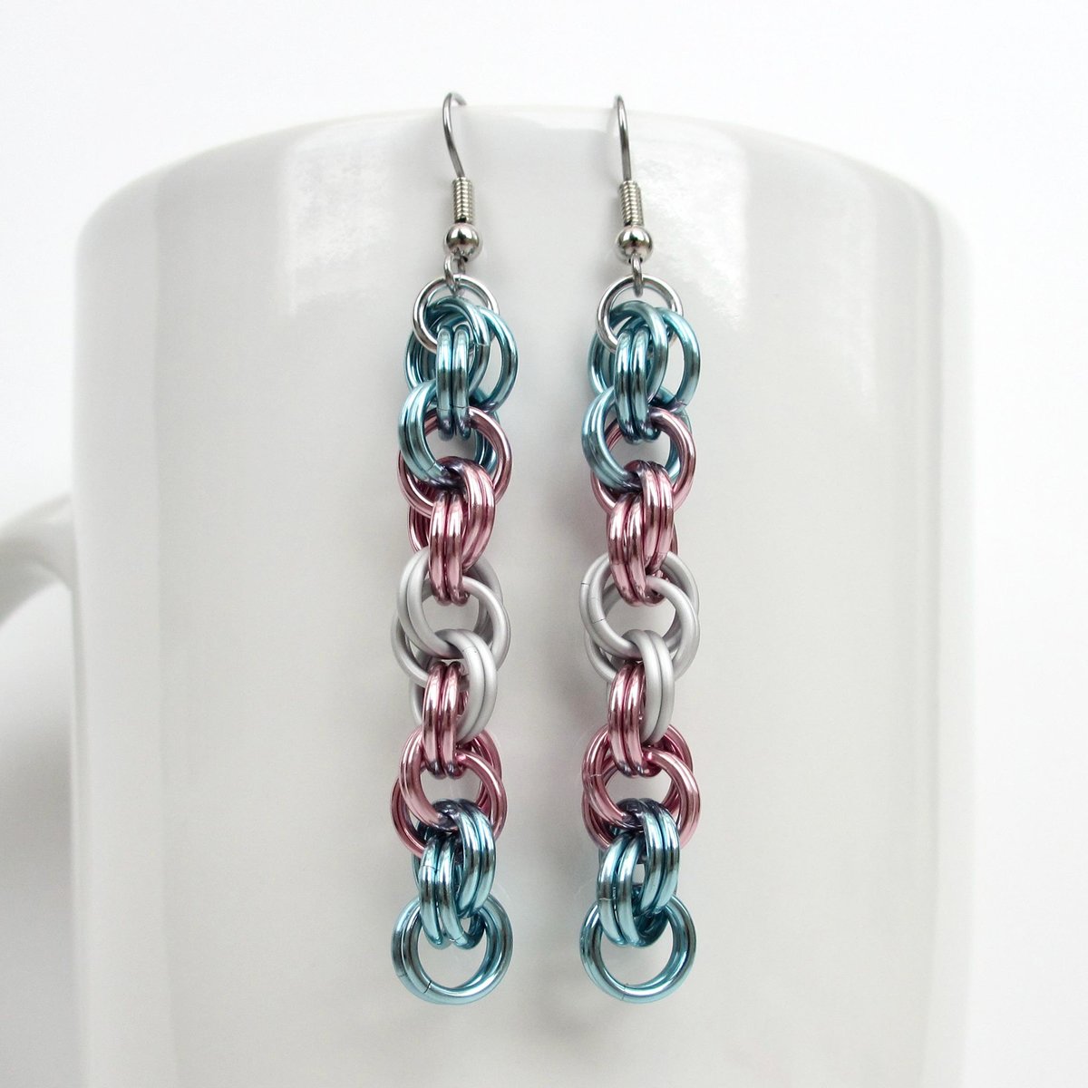 Transgender pride earrings, handmade chainmail spiral weave jewelry