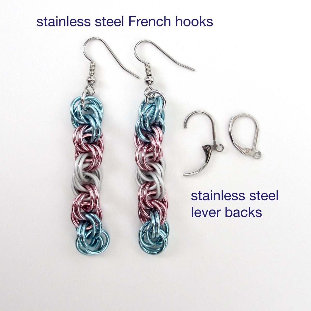 Transgender pride earrings, handmade chainmail spiral weave jewelry