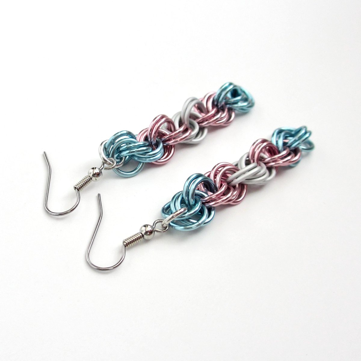 Transgender pride earrings, handmade chainmail spiral weave jewelry