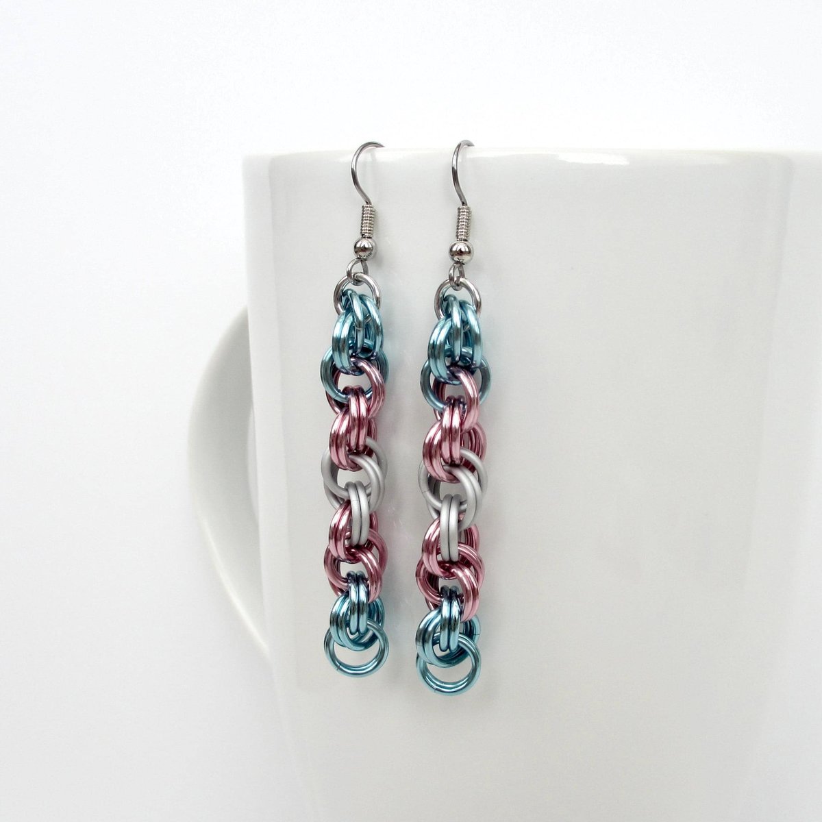 Transgender pride earrings, handmade chainmail spiral weave jewelry