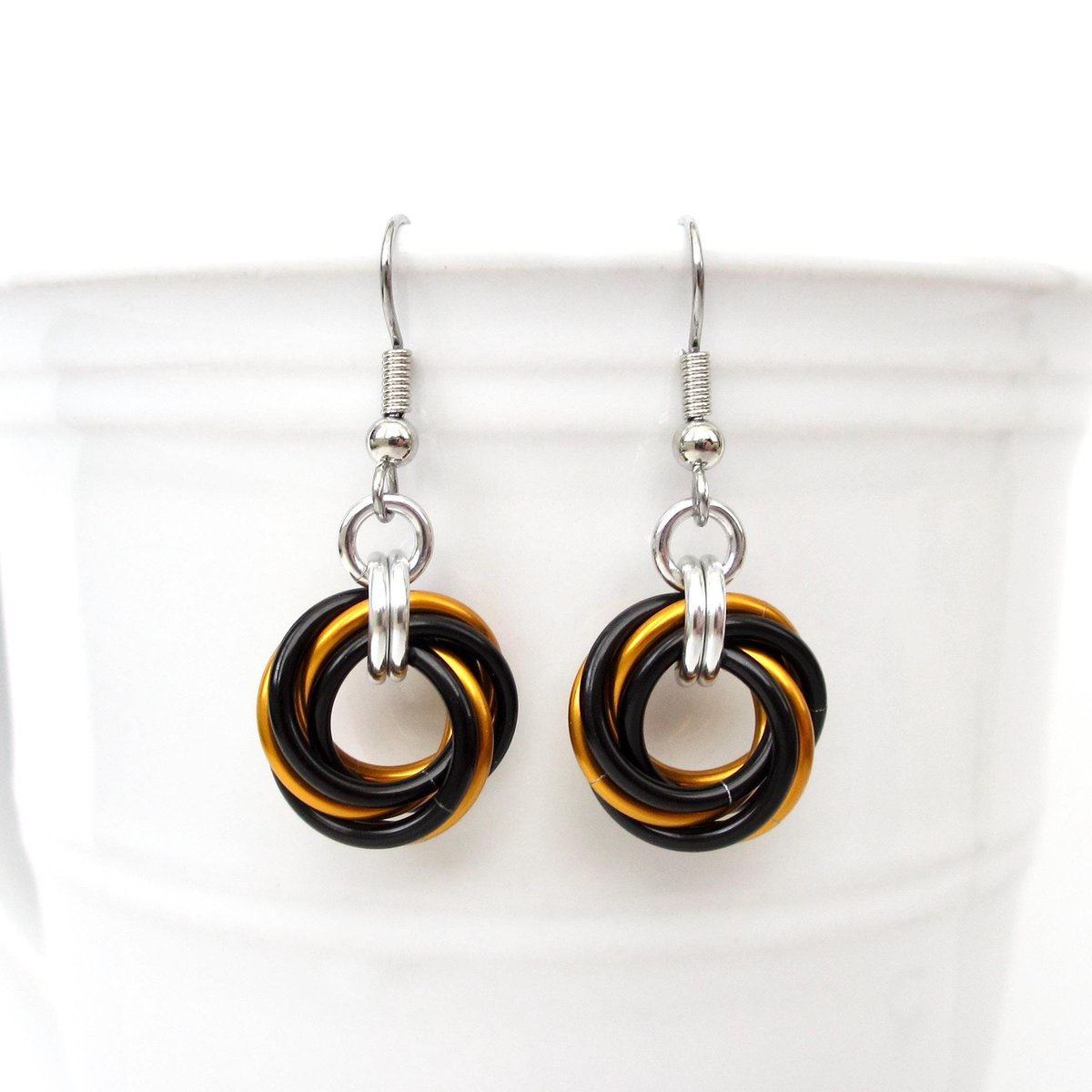 Orange & black knot earrings, handmade chainmail Halloween jewelry