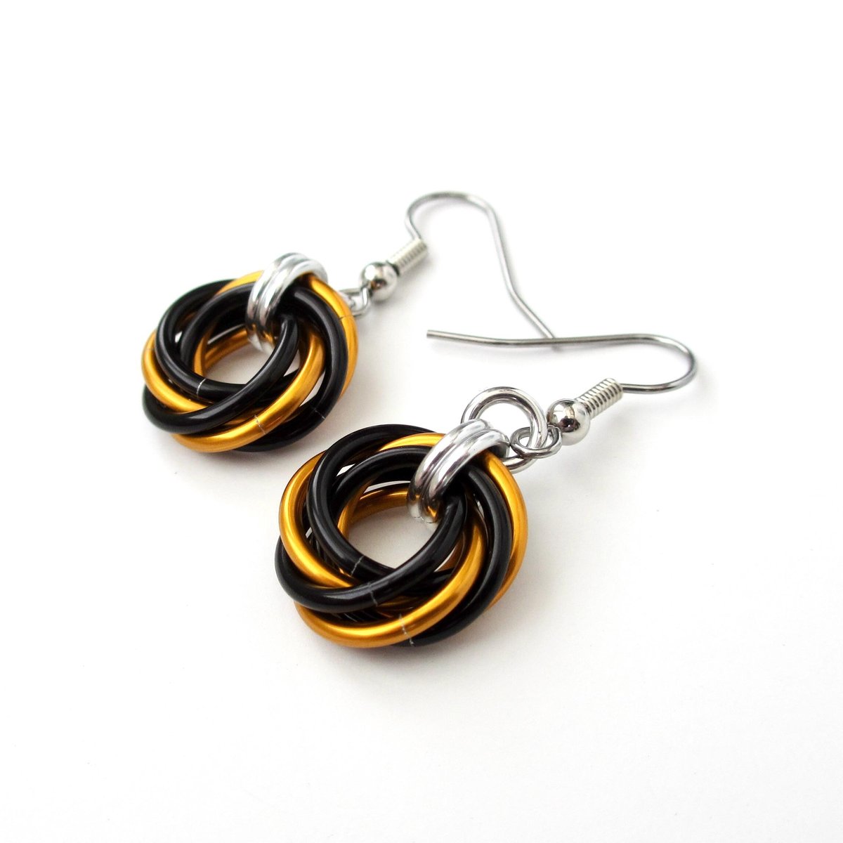Orange & black knot earrings, handmade chainmail Halloween jewelry