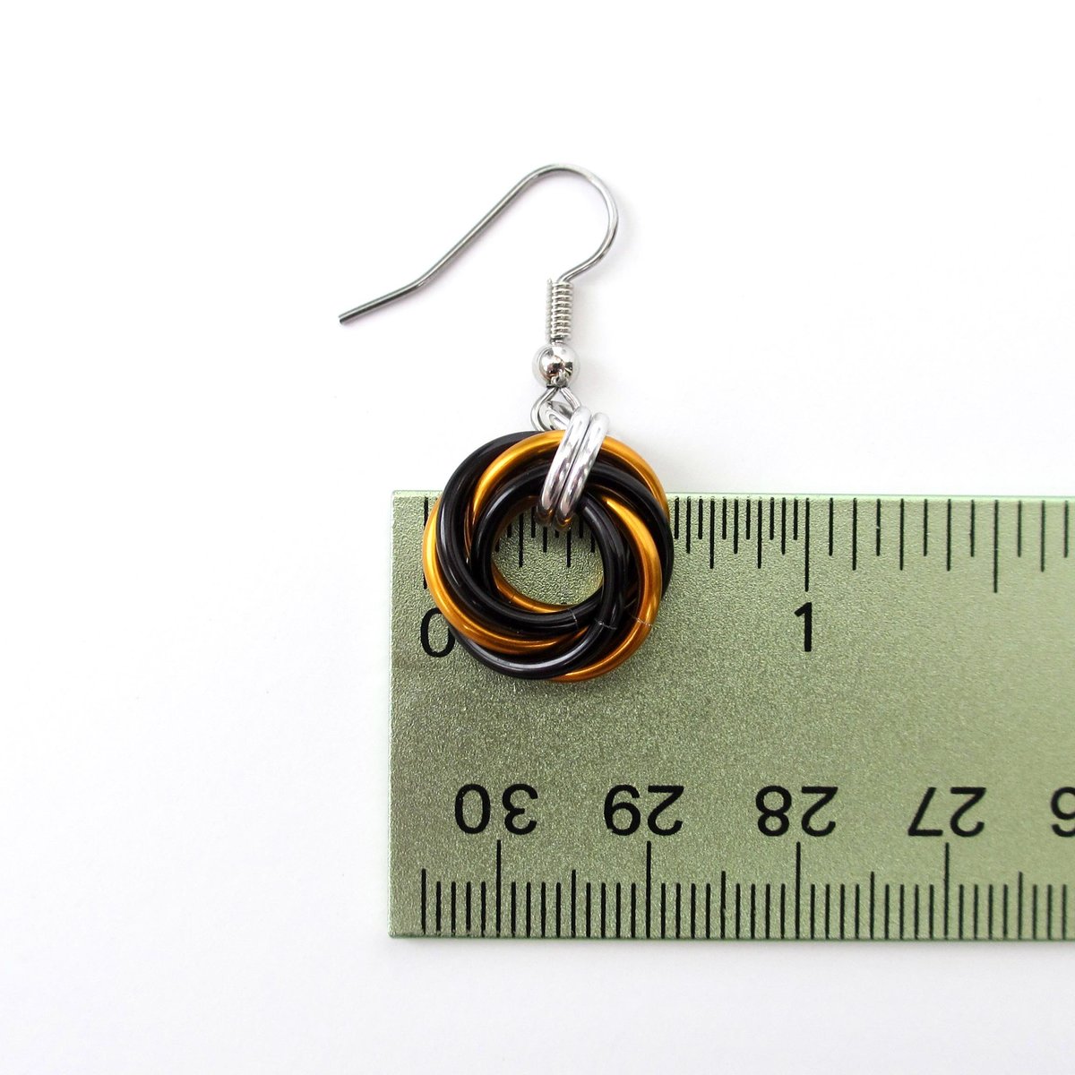 Orange & black knot earrings, handmade chainmail Halloween jewelry