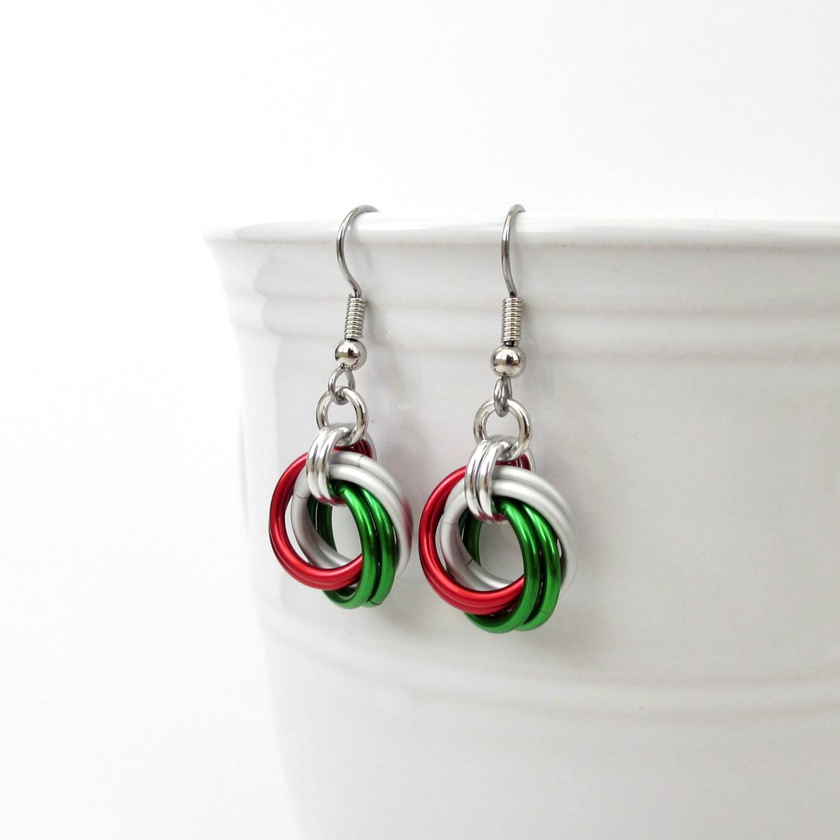 Red, green & white knot earrings, handmade chainmail Christmas jewelry