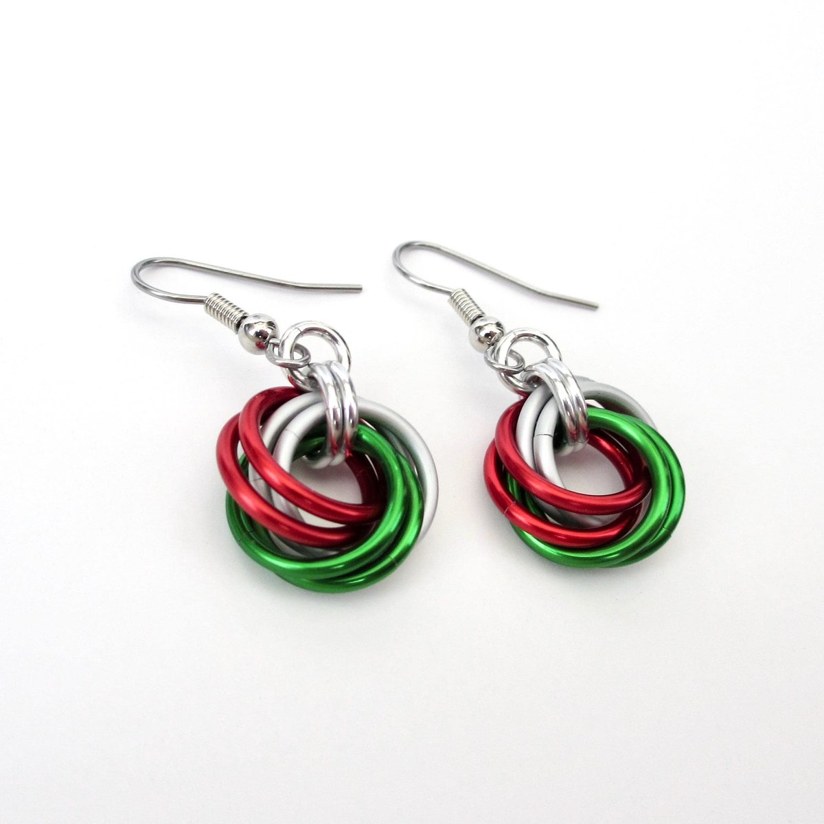 Red, green & white knot earrings, handmade chainmail Christmas jewelry