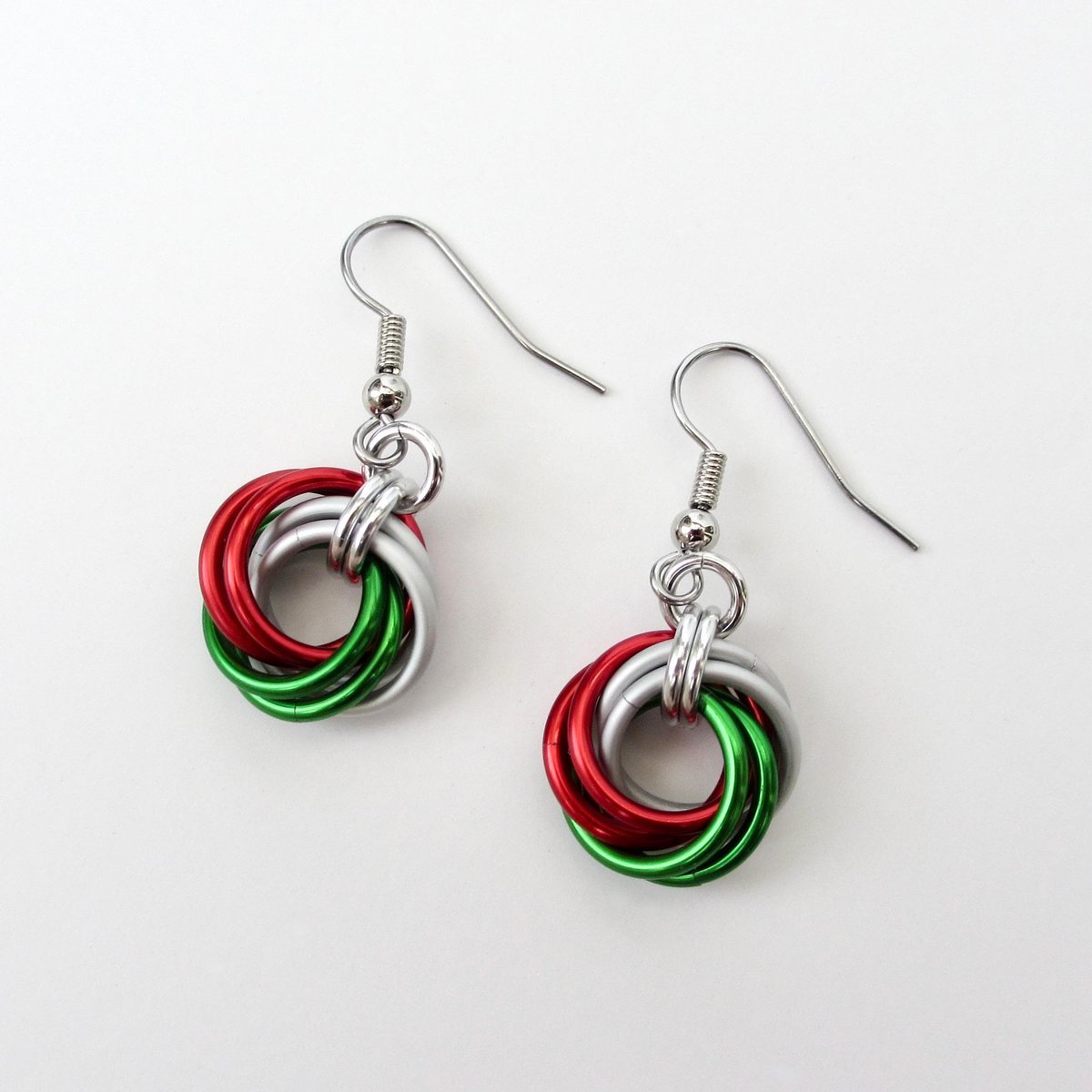 Red, green & white knot earrings, handmade chainmail Christmas jewelry