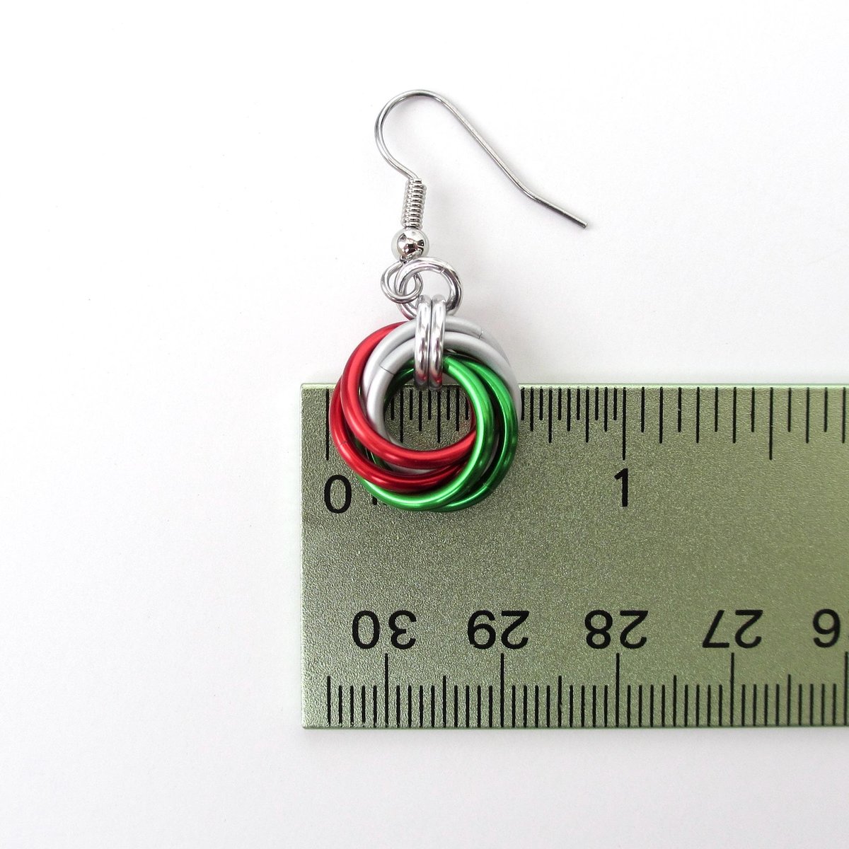 Red, green & white knot earrings, handmade chainmail Christmas jewelry