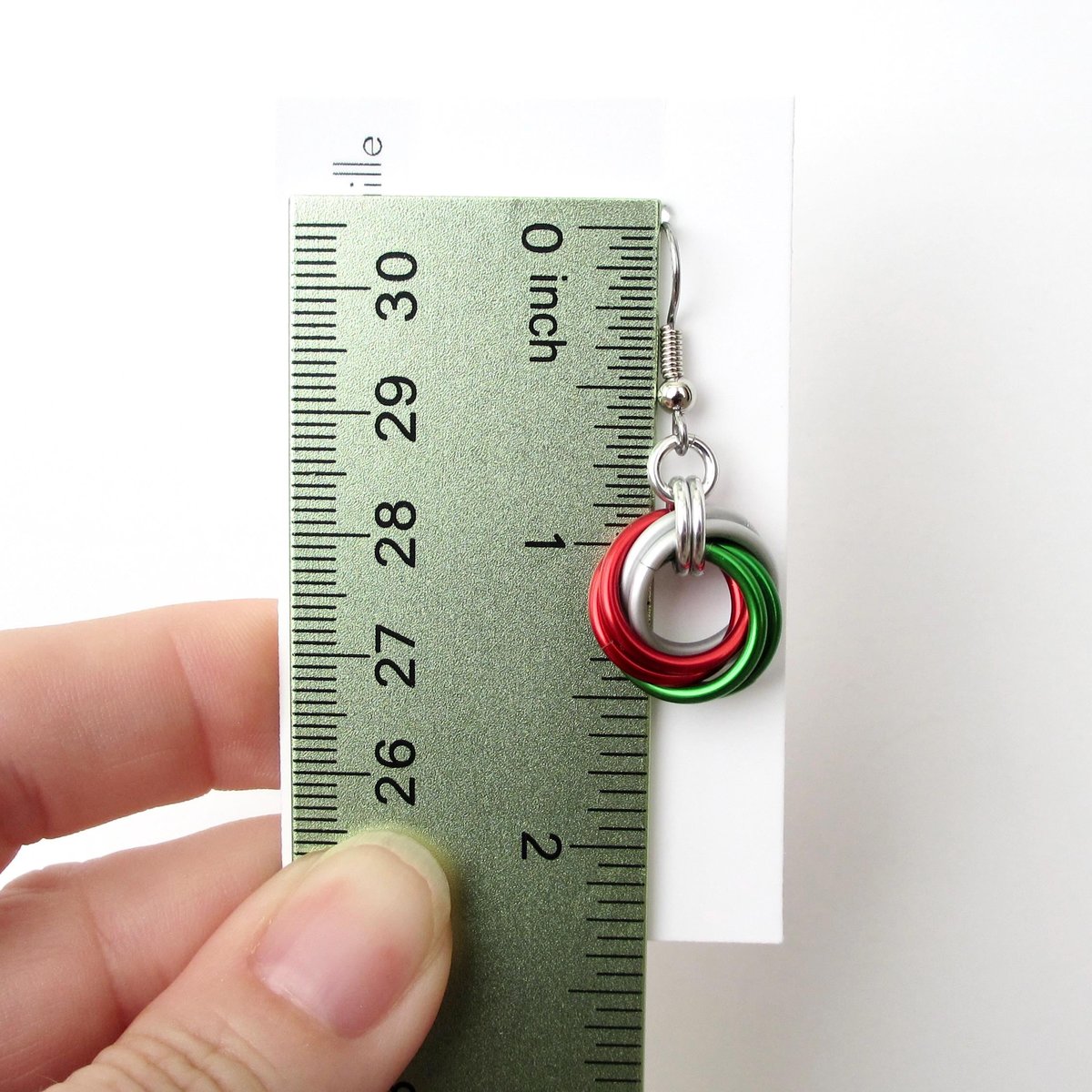 Red, green & white knot earrings, handmade chainmail Christmas jewelry