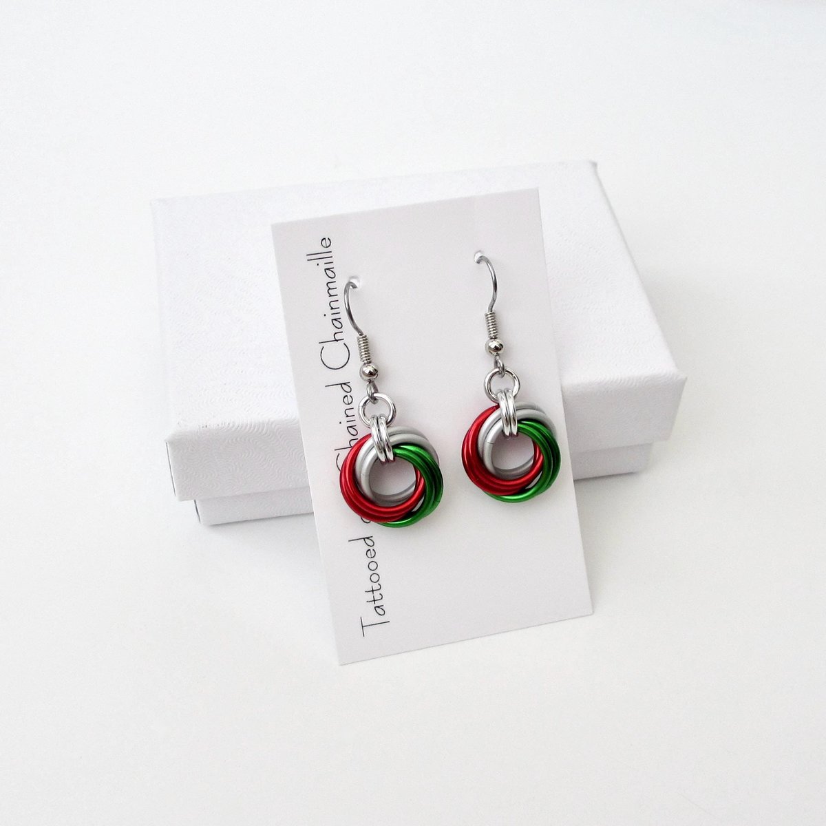 Red, green & white knot earrings, handmade chainmail Christmas jewelry