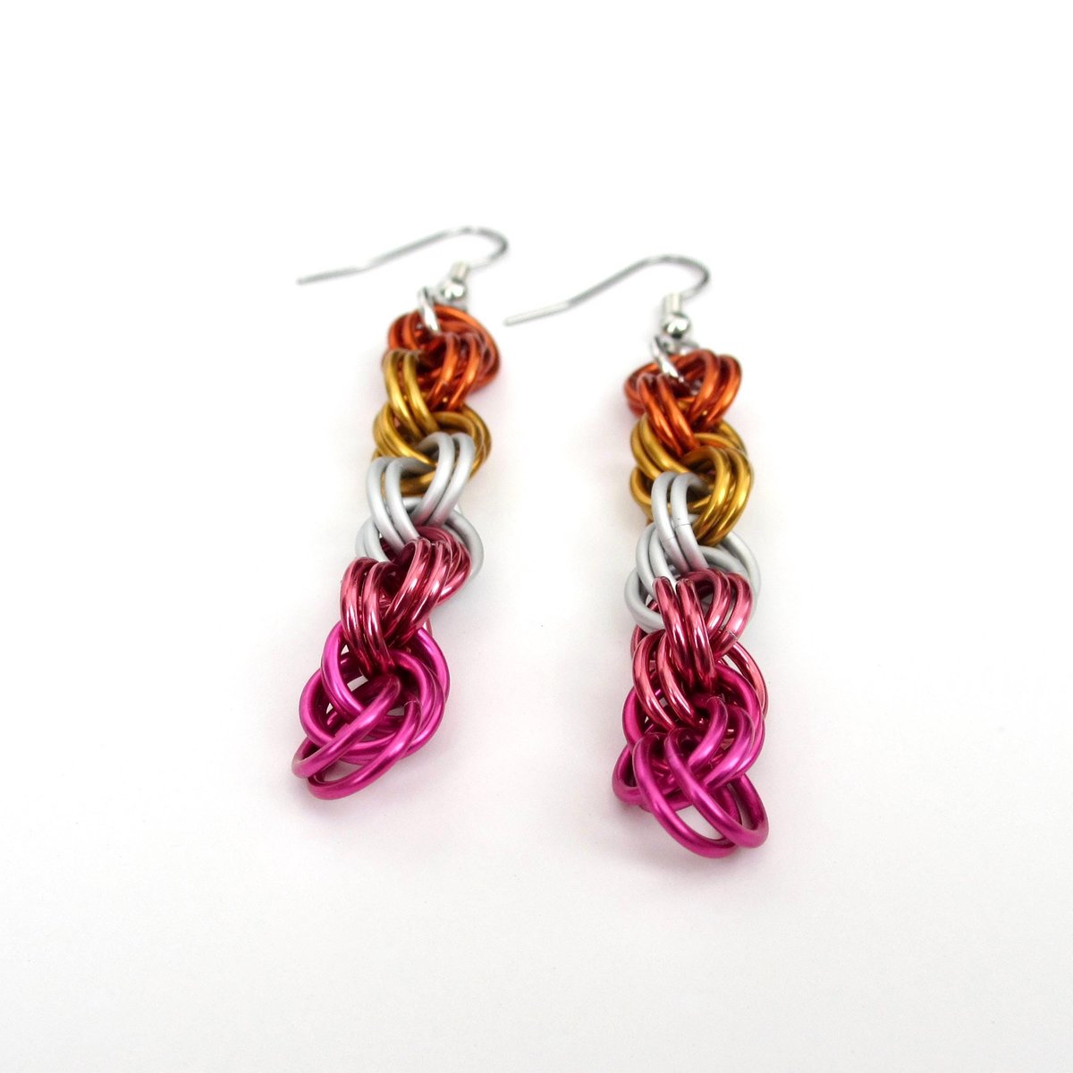 Lesbian pride earrings, sunset flag jewelry, handmade chainmail spiral weave