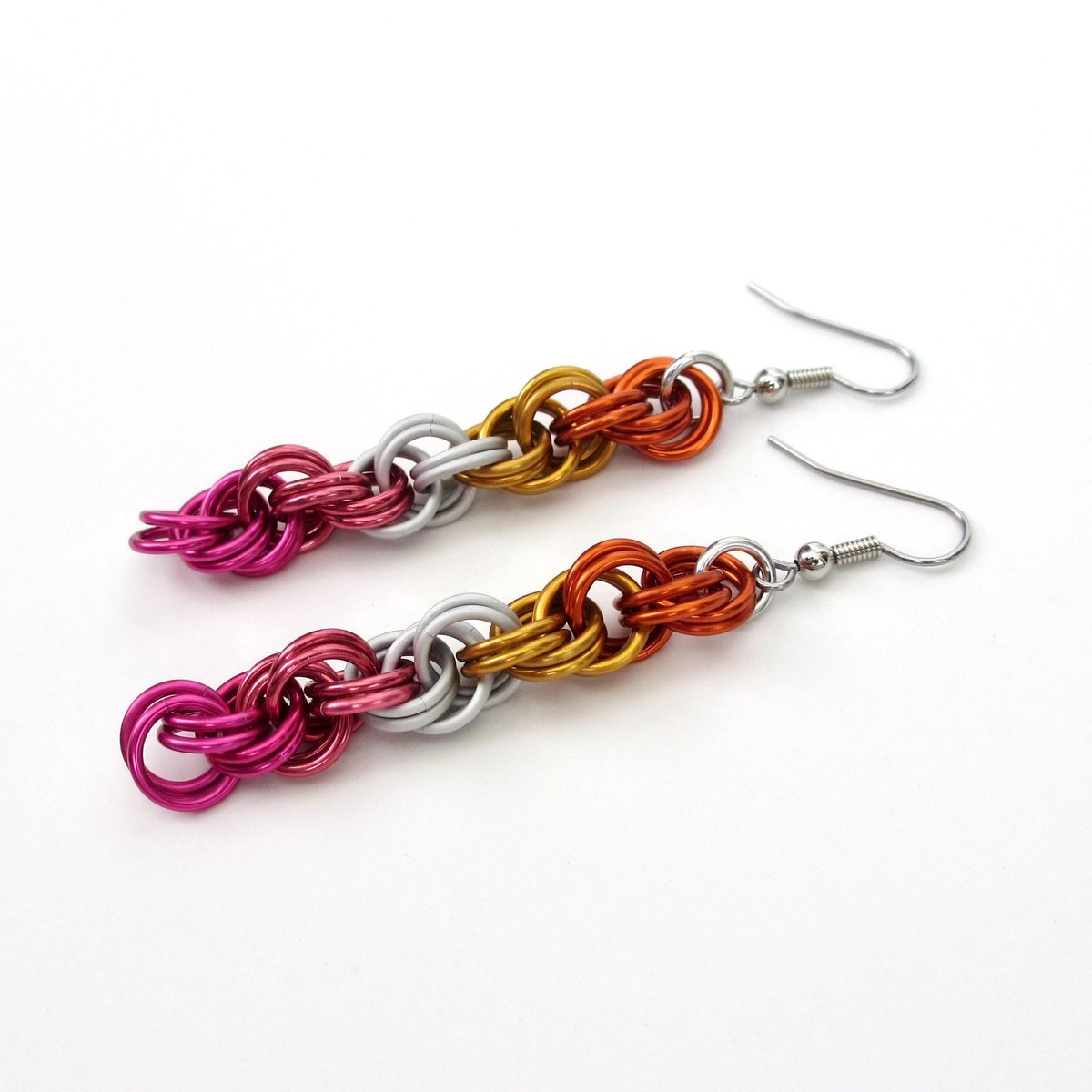 Lesbian pride earrings, sunset flag jewelry, handmade chainmail spiral weave