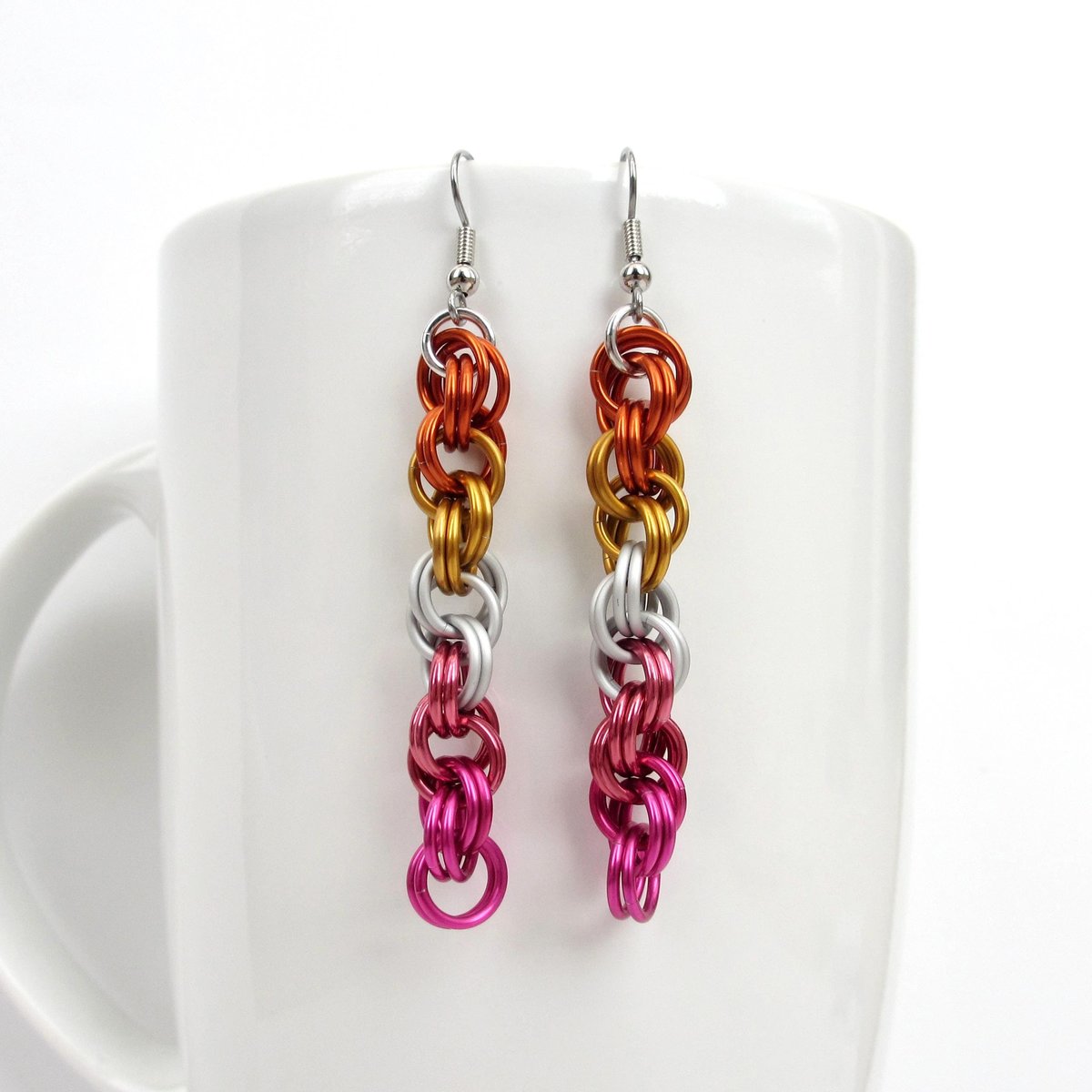 Lesbian pride earrings, sunset flag jewelry, handmade chainmail spiral weave