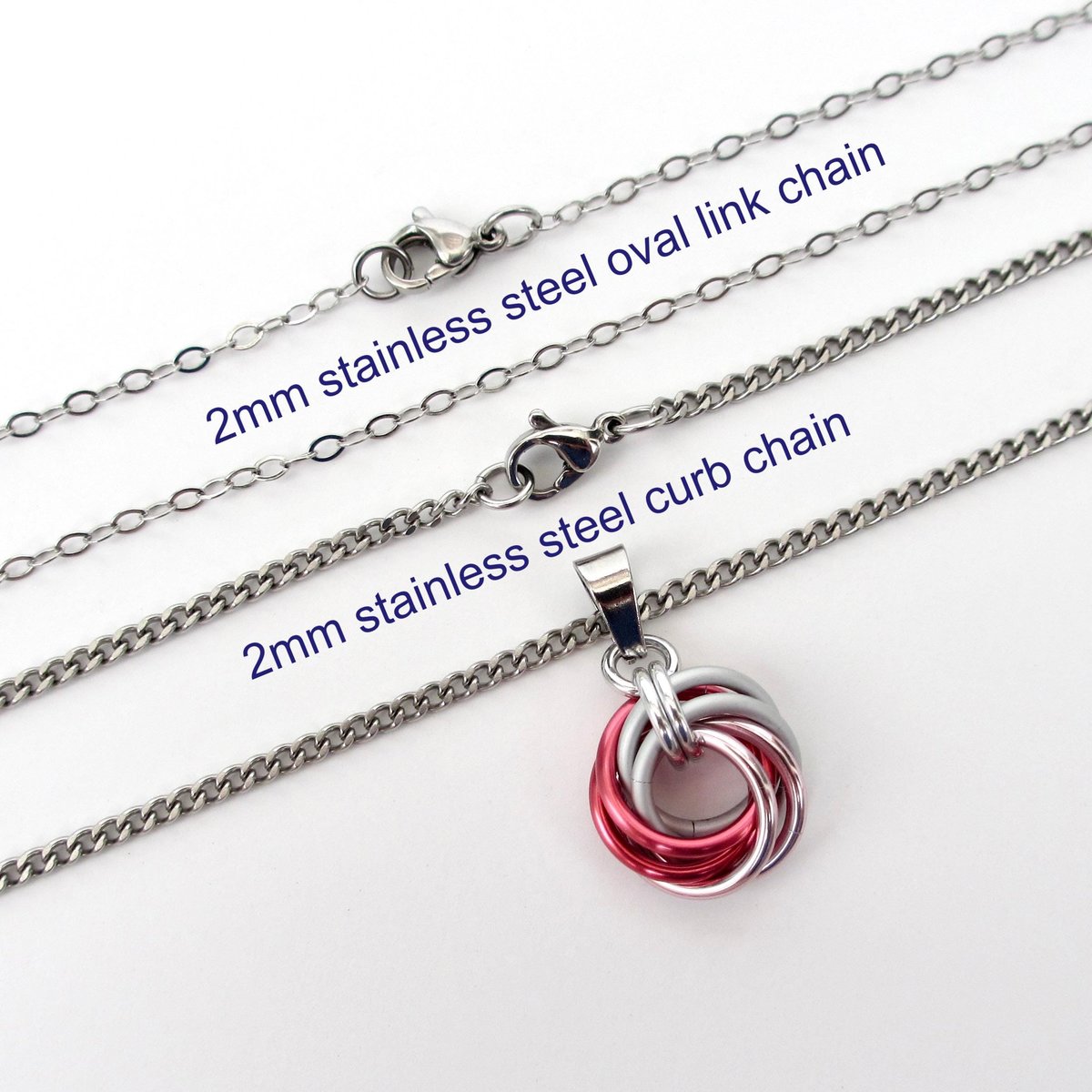 Pink ombre pendant necklace, handmade chainmail love knot, small circle minimalist jewelry