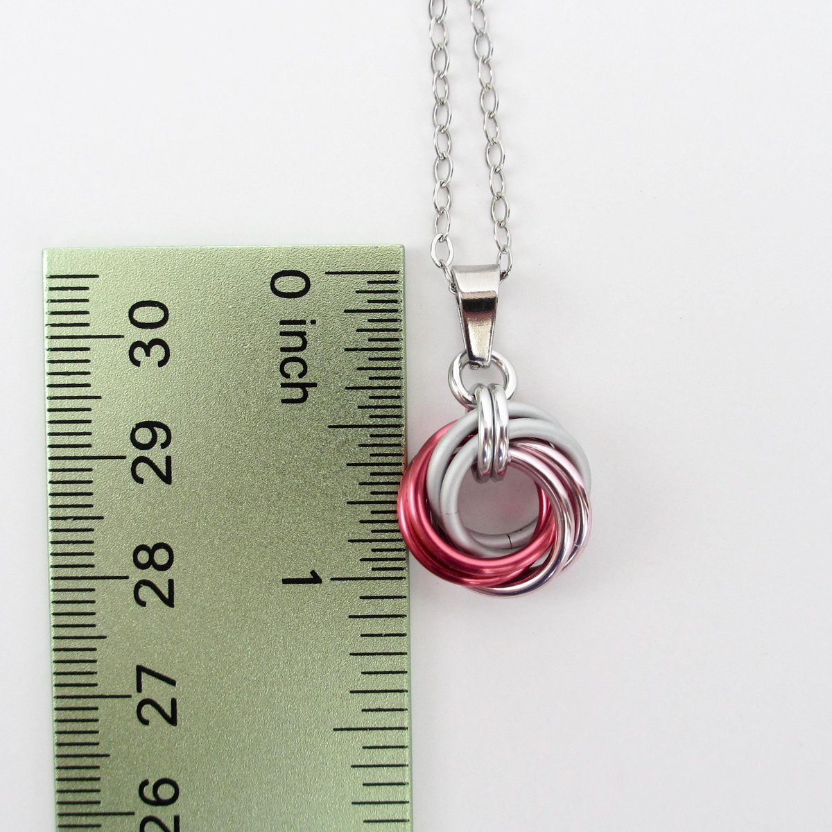 Pink ombre pendant necklace, handmade chainmail love knot, small circle minimalist jewelry