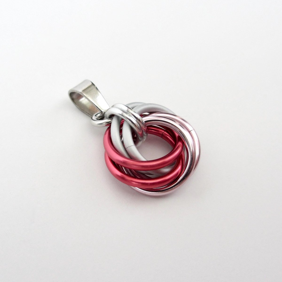 Pink ombre pendant necklace, handmade chainmail love knot, small circle minimalist jewelry