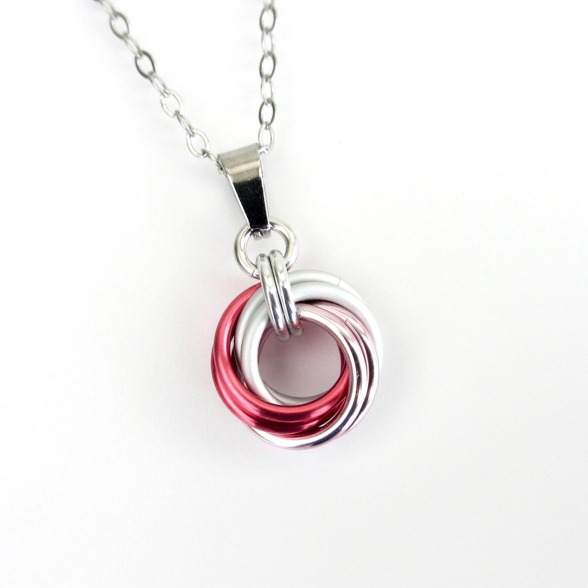 Pink ombre pendant necklace, handmade chainmail love knot, small circle minimalist jewelry