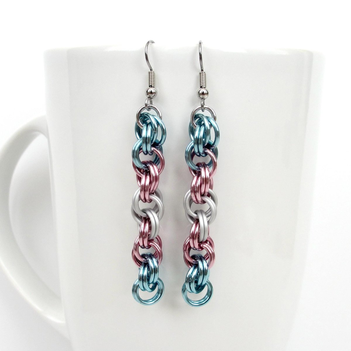 Transgender pride earrings, handmade chainmail spiral weave jewelry