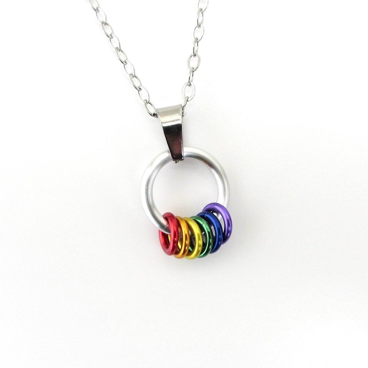 Minimalist Gay Pride Pendant with Floating Rainbow Rings - Handmade LGBTQ Jewelry