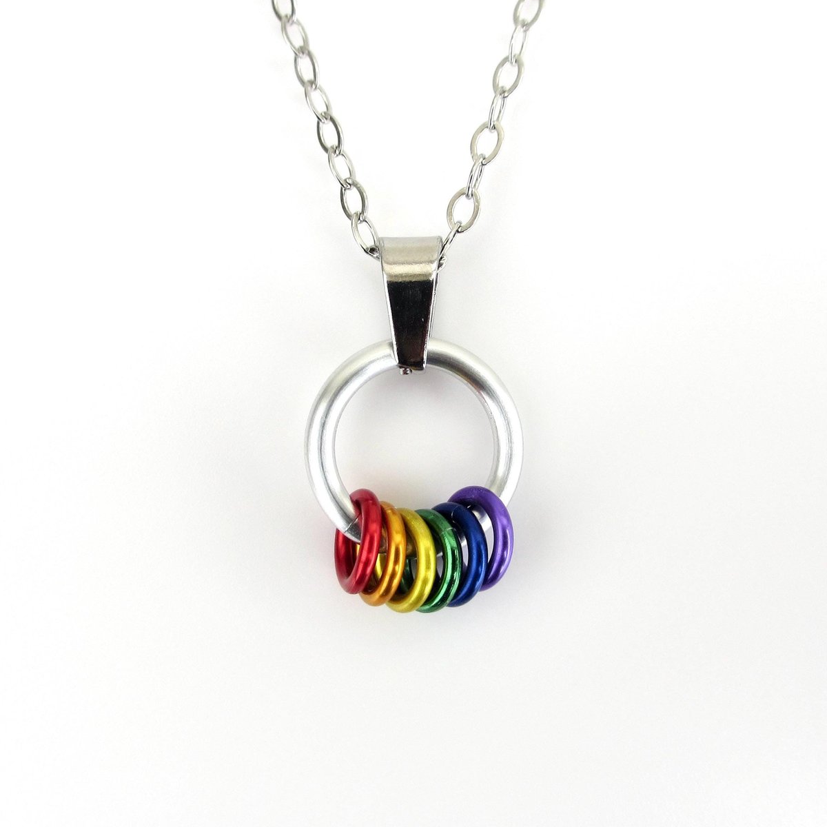 Minimalist Gay Pride Pendant with Floating Rainbow Rings - Handmade LGBTQ Jewelry