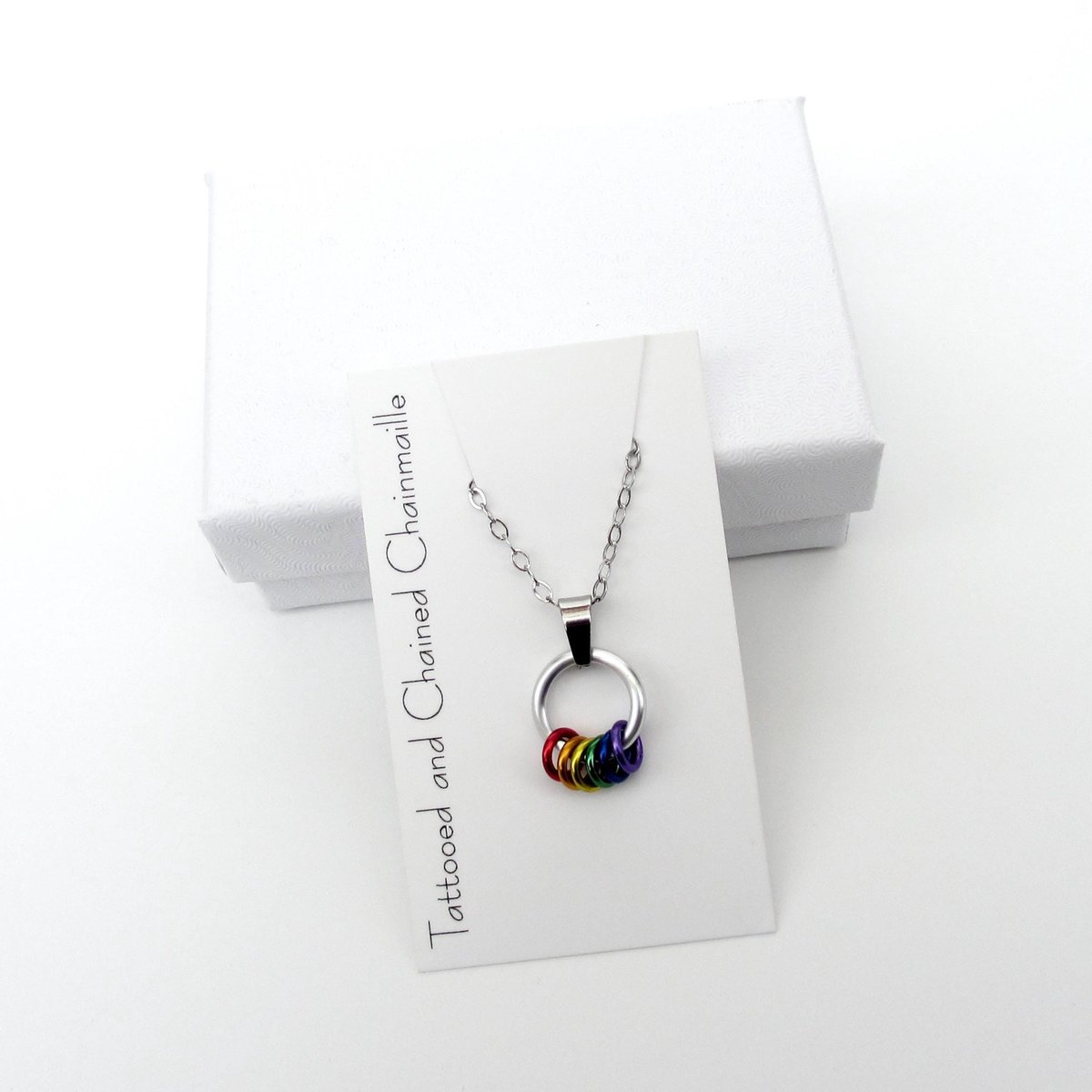 Minimalist Gay Pride Pendant with Floating Rainbow Rings - Handmade LGBTQ Jewelry