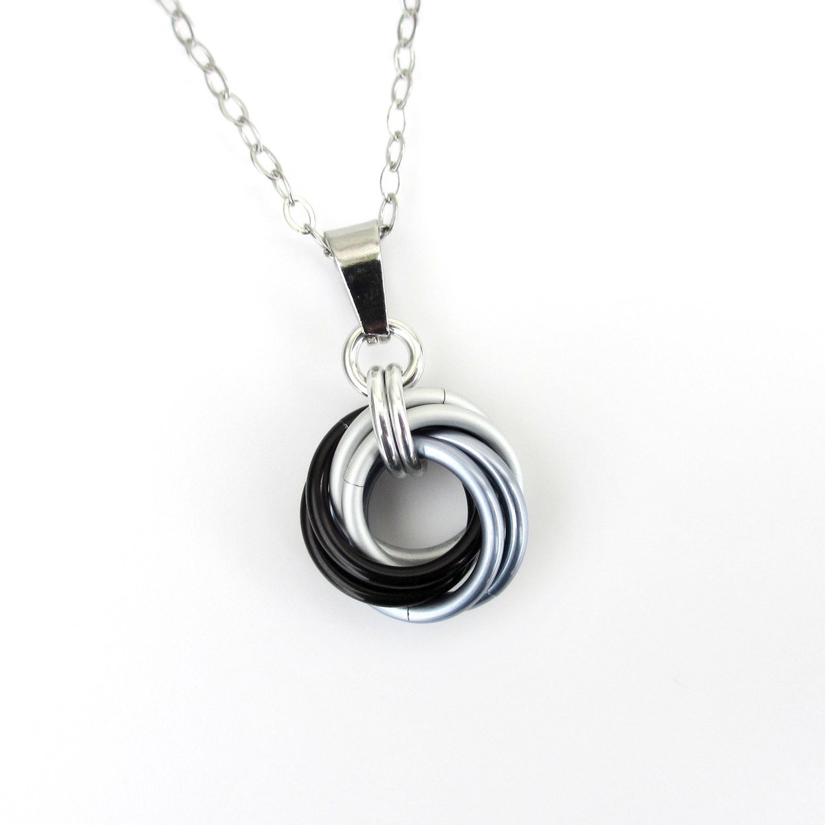 Black ombre pendant necklace, handmade chainmail love knot, small minimalist jewelry