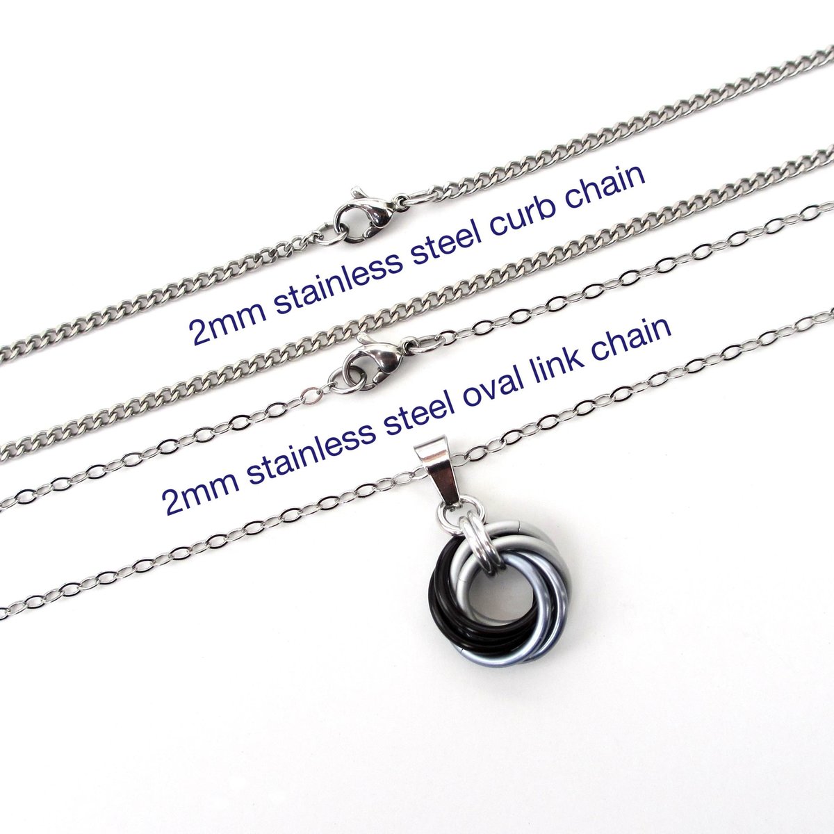 Black ombre pendant necklace, handmade chainmail love knot, small minimalist jewelry