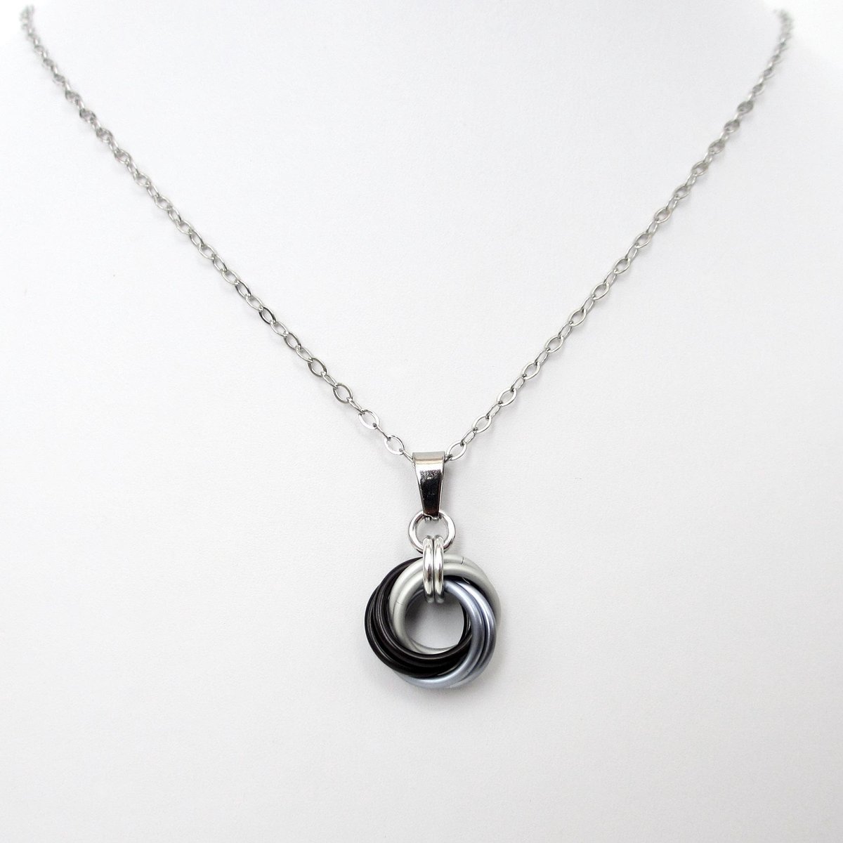 Black ombre pendant necklace, handmade chainmail love knot, small minimalist jewelry