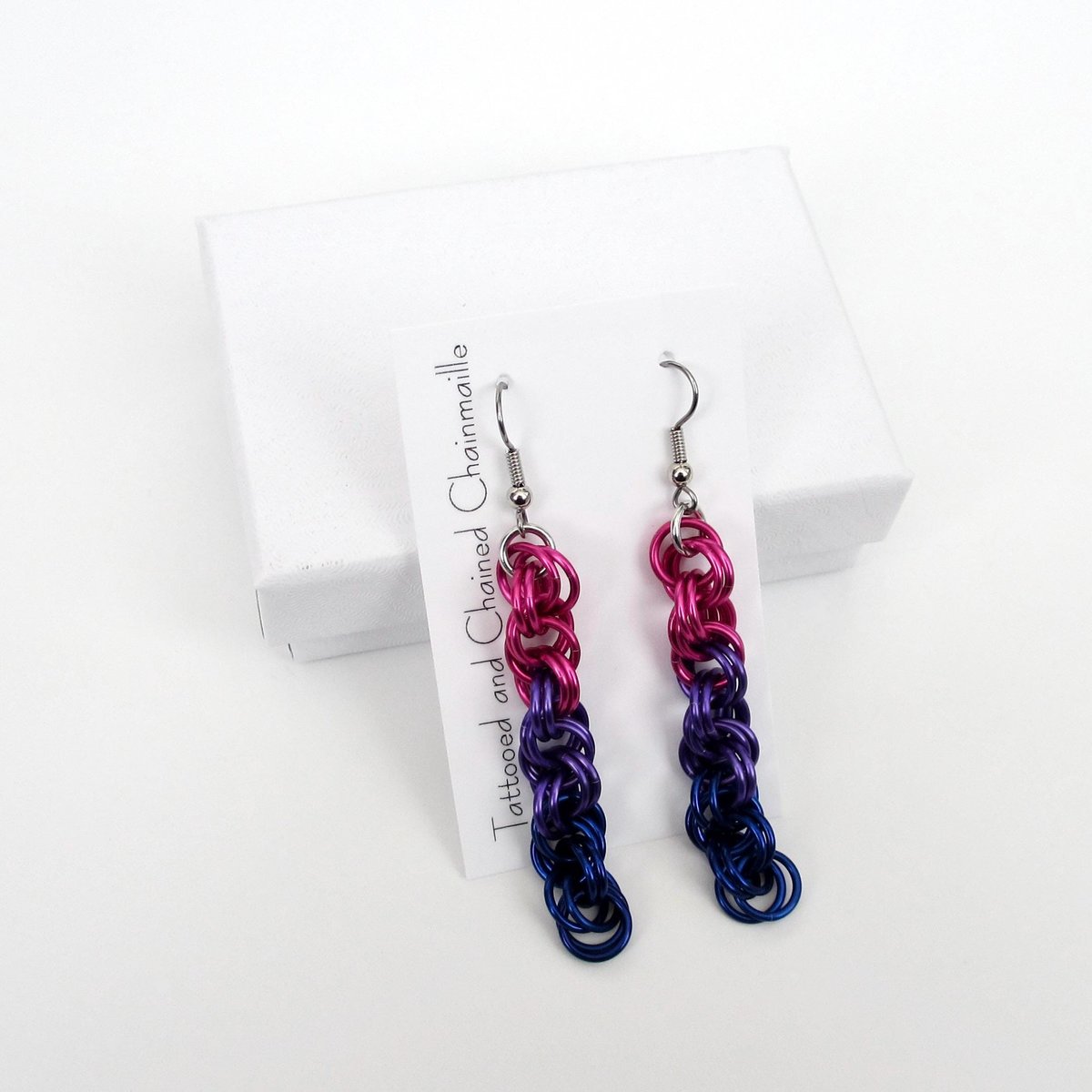 Bi pride earrings, handmade chainmail spiral weave anodized aluminum dangle jewelry
