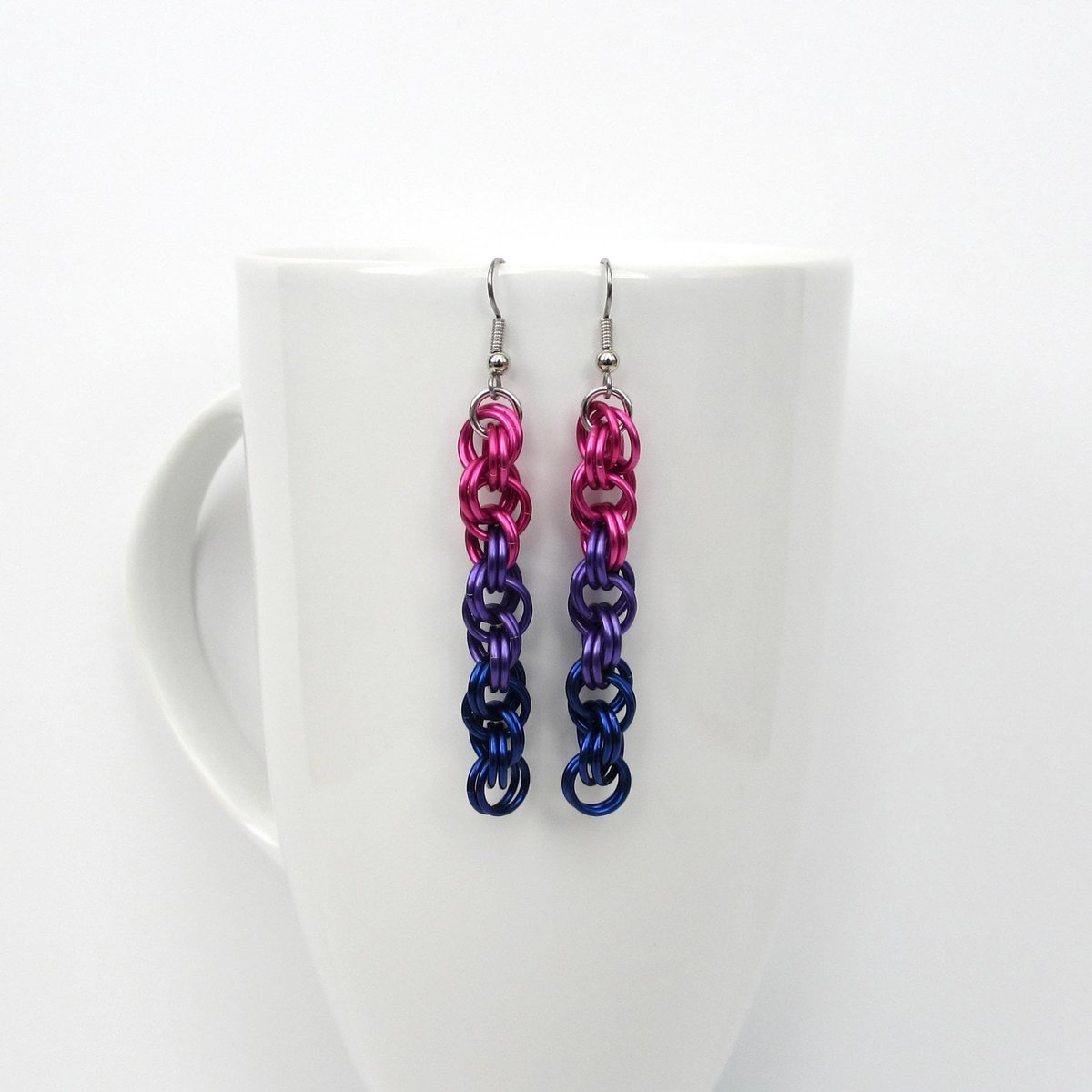 Bi pride earrings, handmade chainmail spiral weave anodized aluminum dangle jewelry