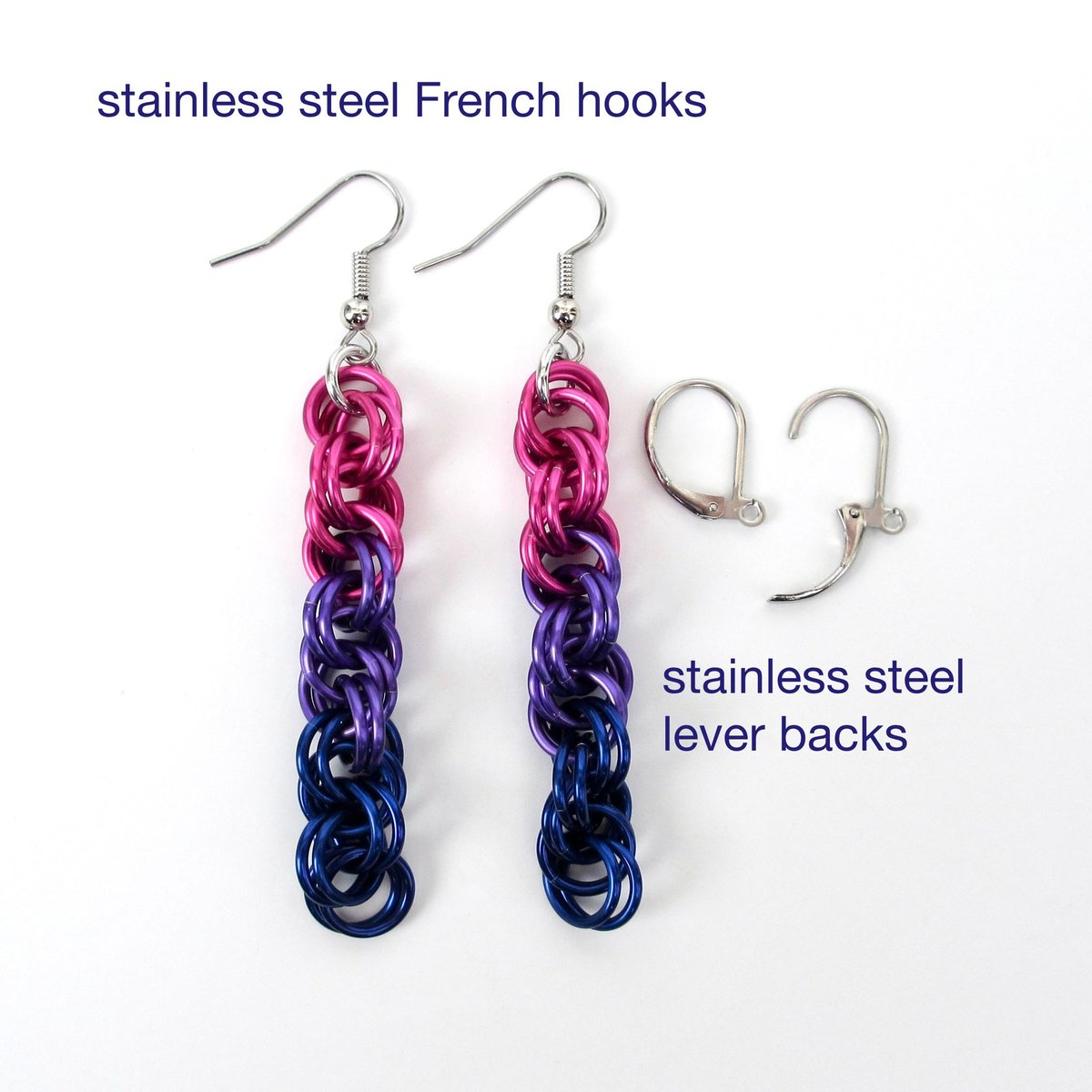 Bi pride earrings, handmade chainmail spiral weave anodized aluminum dangle jewelry