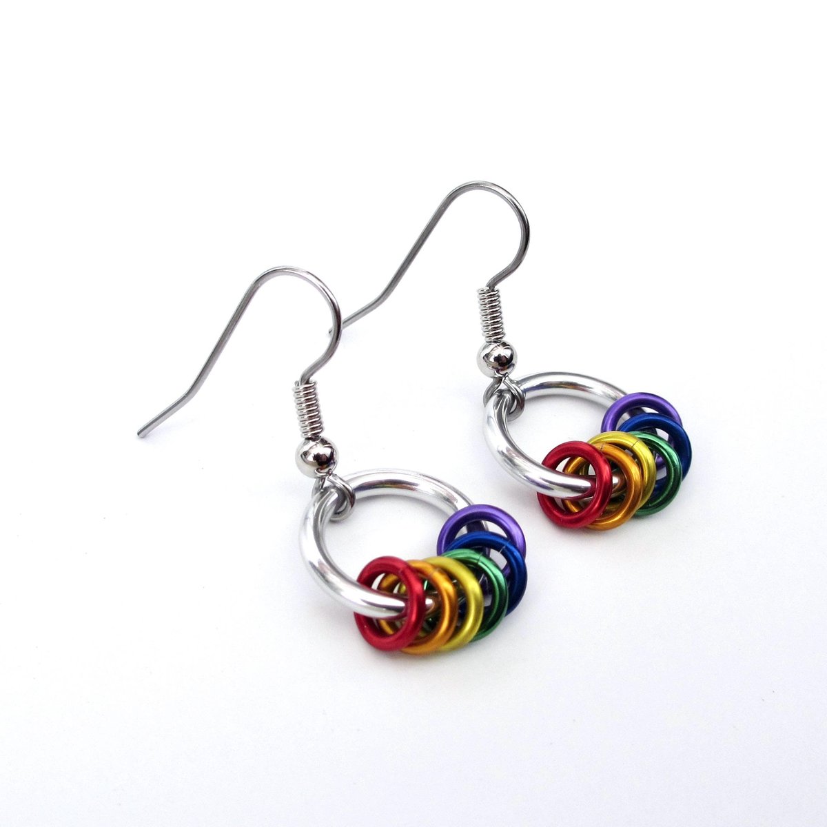 Minimalist Gay Pride Earrings with Floating Rainbow Rings - Handmade Jewelry