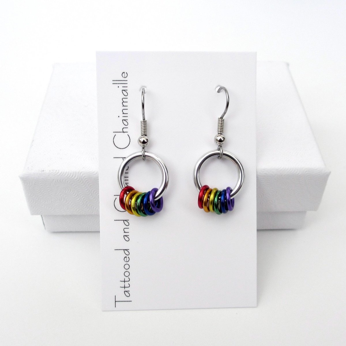 Minimalist Gay Pride Earrings with Floating Rainbow Rings - Handmade Jewelry