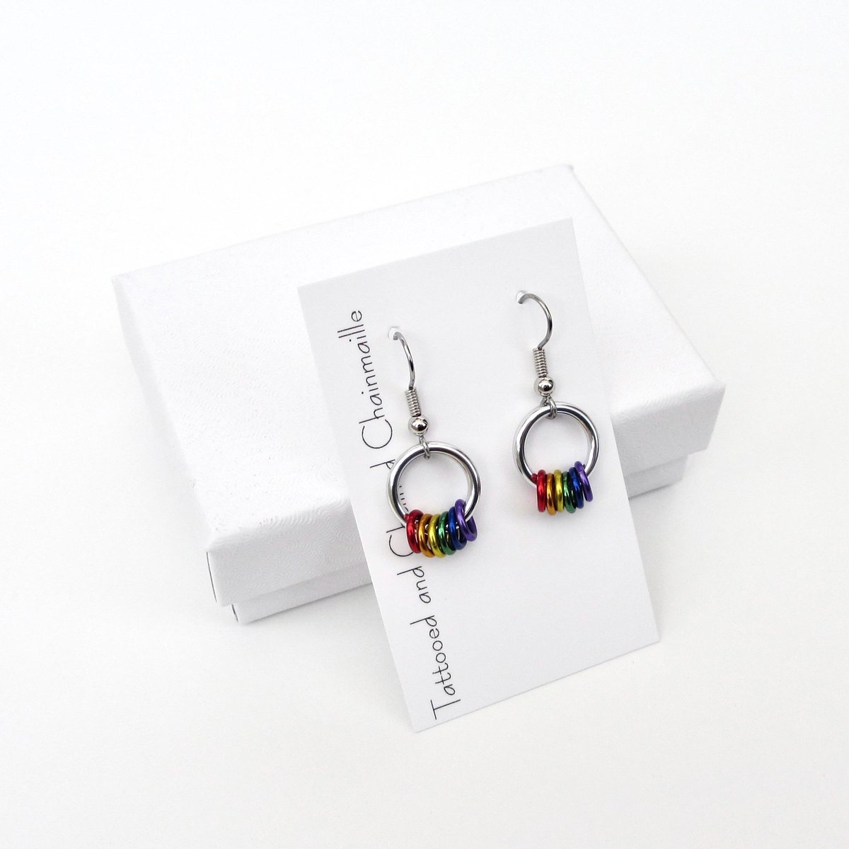 Minimalist Gay Pride Earrings with Floating Rainbow Rings - Handmade Jewelry