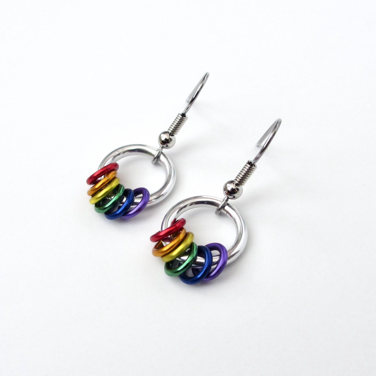 Minimalist Gay Pride Earrings with Floating Rainbow Rings - Handmade Jewelry