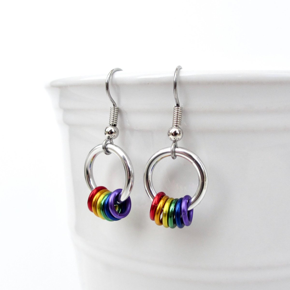 Minimalist Gay Pride Earrings with Floating Rainbow Rings - Handmade Jewelry