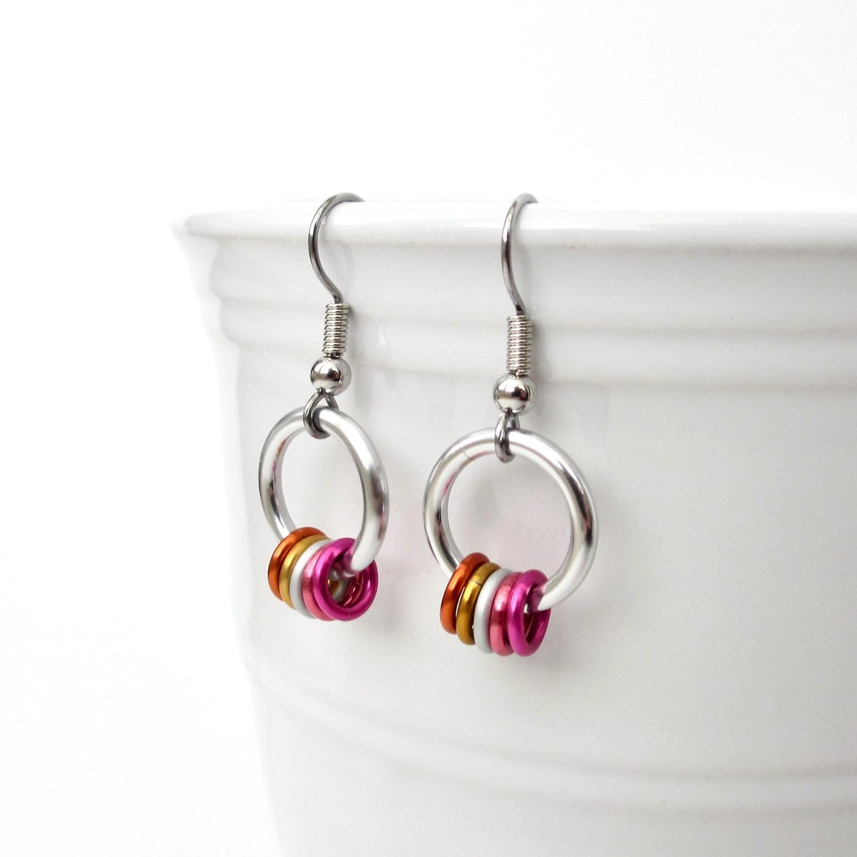 Minimalist Lesbian Pride Earrings with Floating Rings in Sunset Flag Colors - Handmade LGBTQ Jewelry