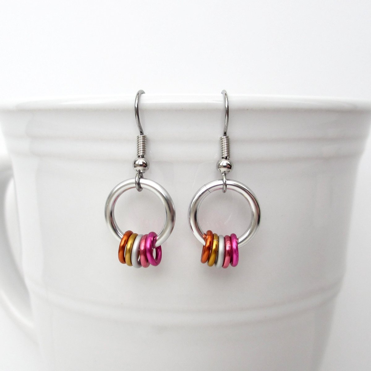 Minimalist Lesbian Pride Earrings with Floating Rings in Sunset Flag Colors - Handmade LGBTQ Jewelry