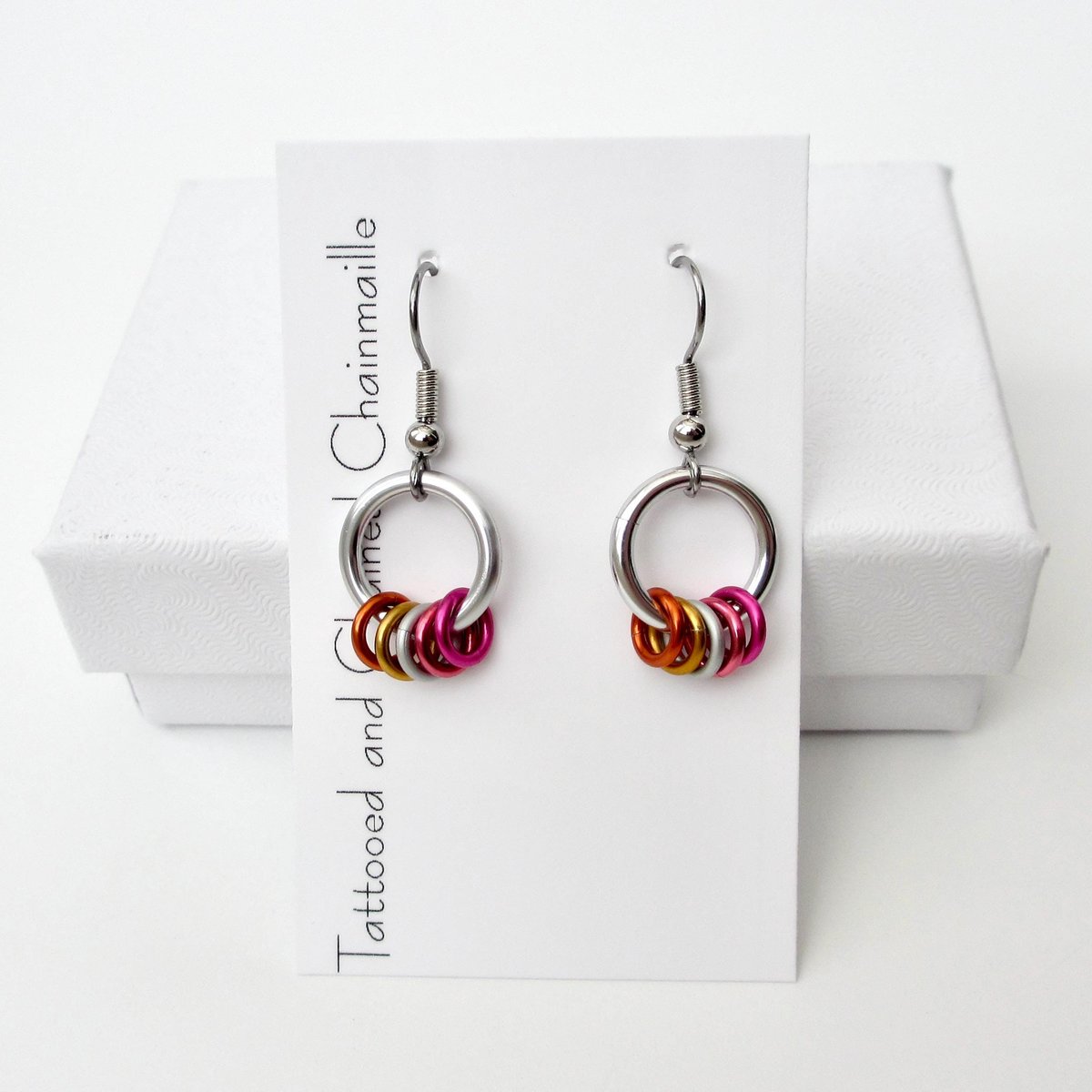 Minimalist Lesbian Pride Earrings with Floating Rings in Sunset Flag Colors - Handmade LGBTQ Jewelry