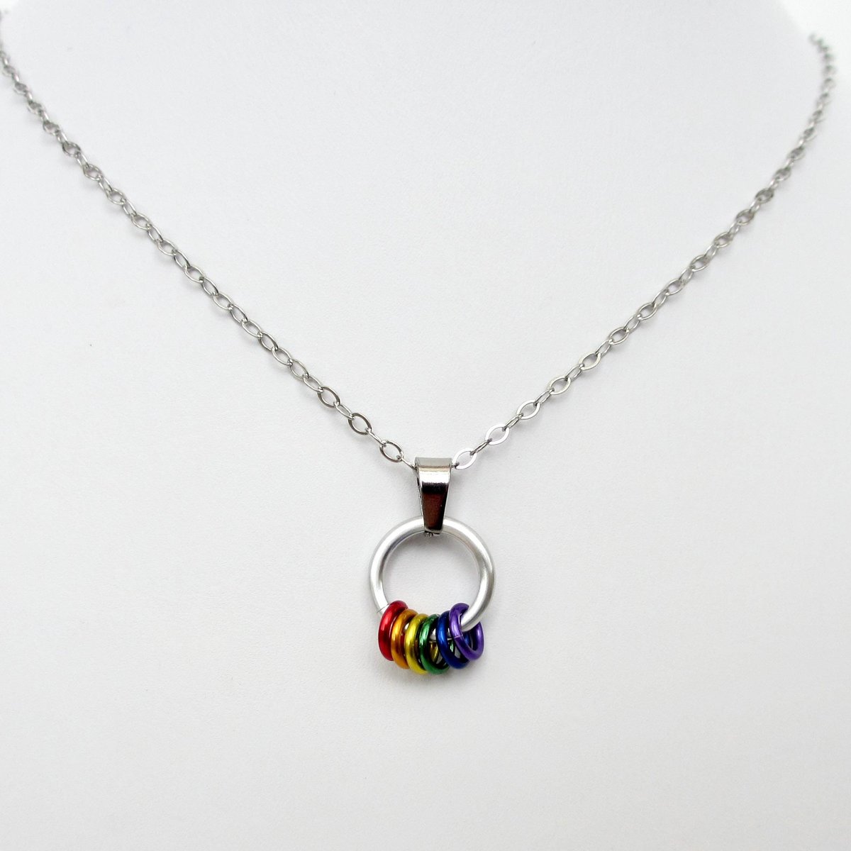 Minimalist Gay Pride Pendant with Floating Rainbow Rings - Handmade LGBTQ Jewelry
