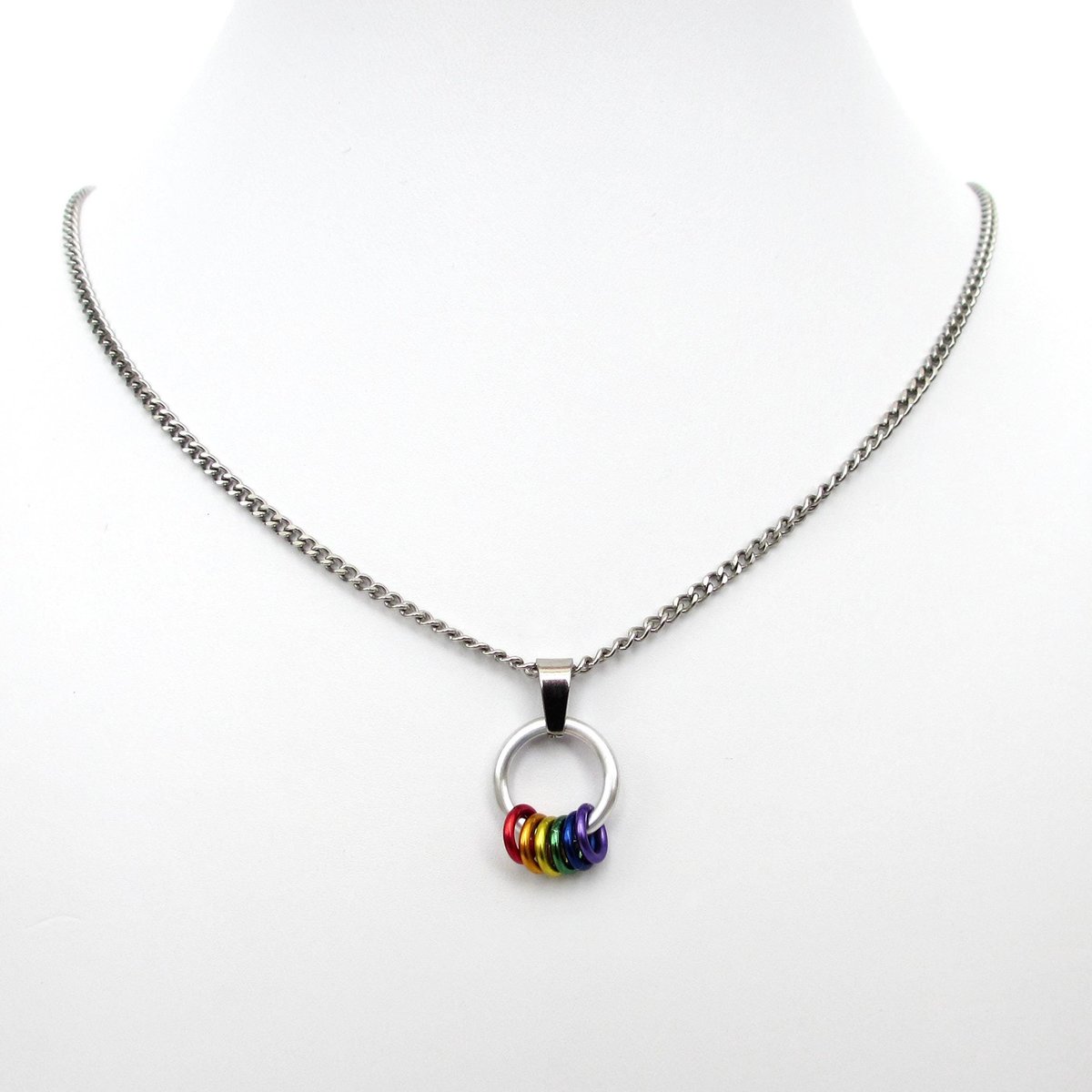 Minimalist Gay Pride Pendant with Floating Rainbow Rings - Handmade LGBTQ Jewelry