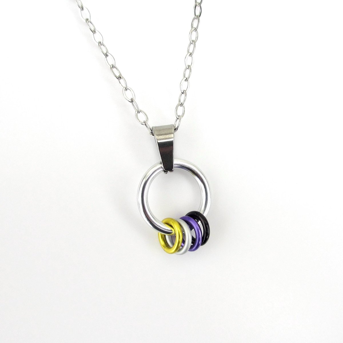 Minimalist Nonbinary Pride Pendant - Floating Rings in Yellow, White, Purple, Black