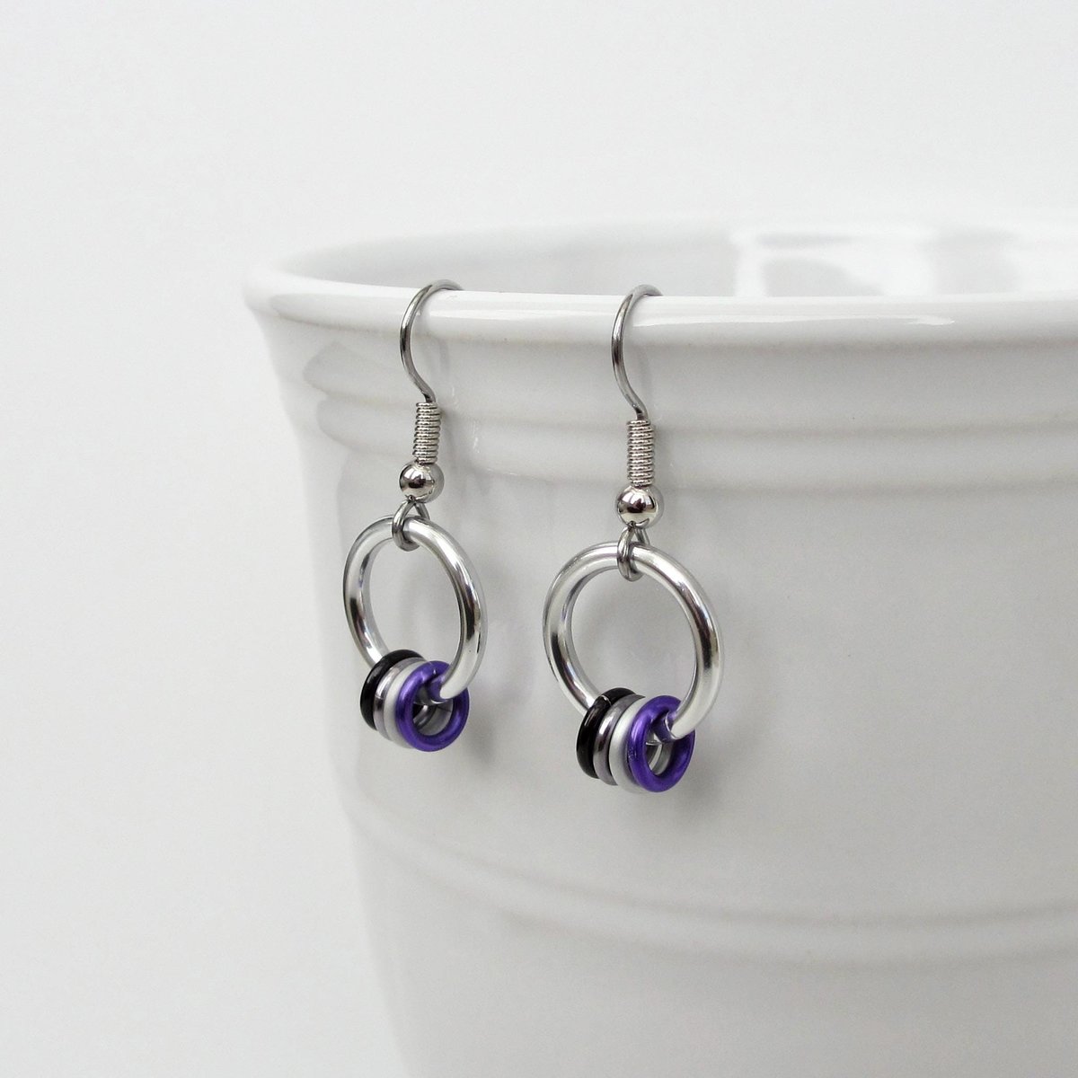 Minimalist Asexual Pride Earrings with Floating Rings in Ace Flag Colors - Handmade LGBTQIA Jewelry
