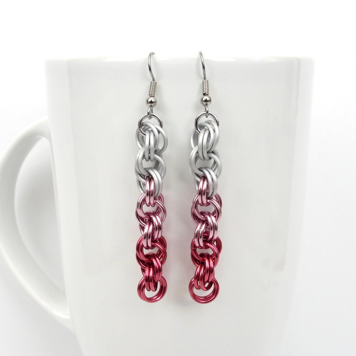 Pink Ombre Earrings, Handmade Chainmail Spiral Weave Jewelry, Lightweight Aluminum