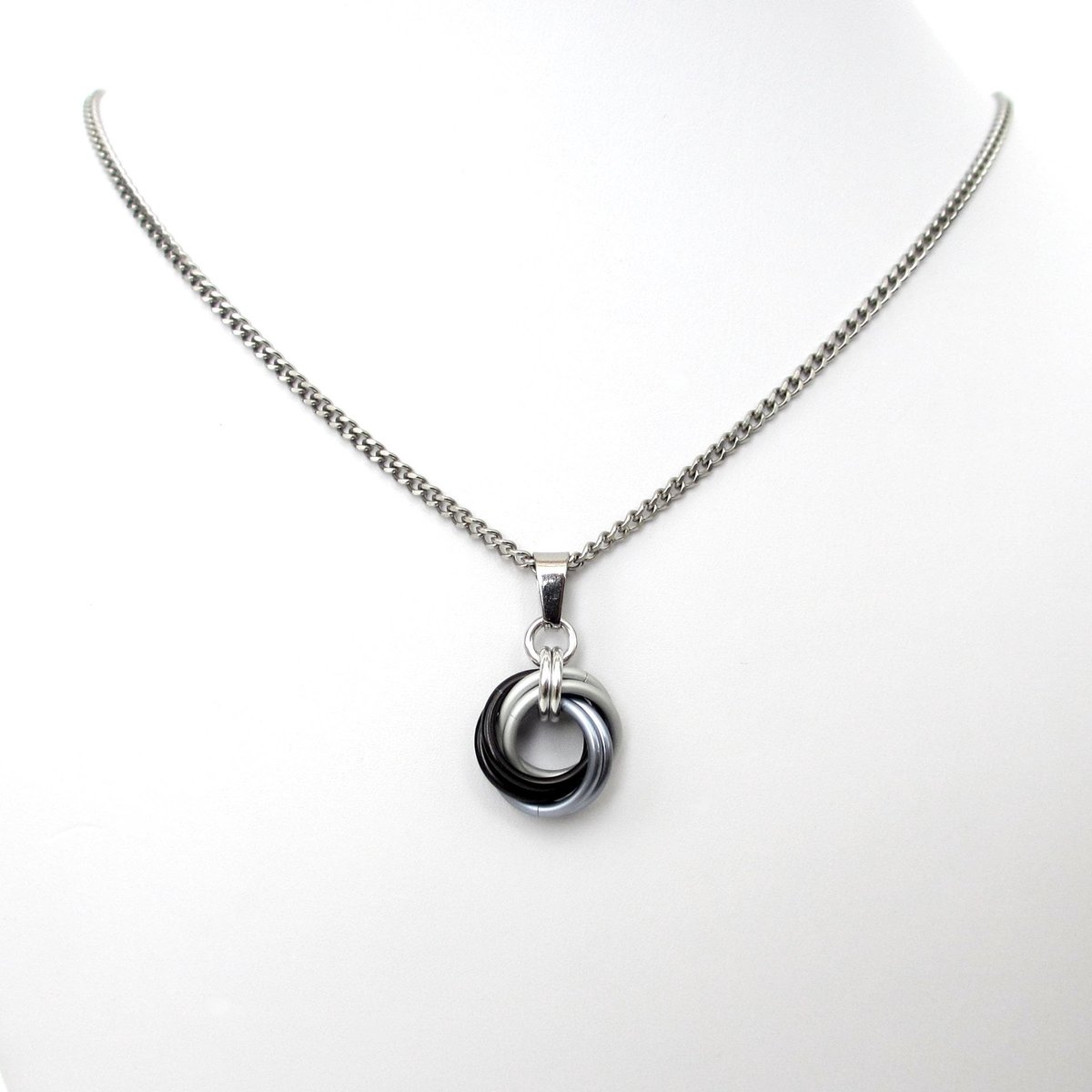 Black ombre pendant necklace, handmade chainmail love knot, small minimalist jewelry