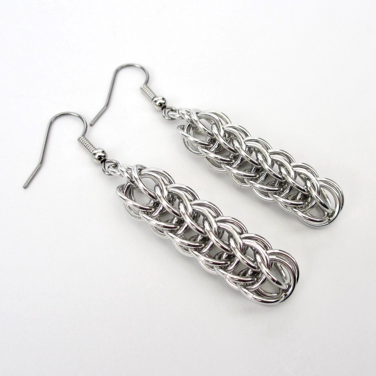 Silver Aluminum Chainmail Earrings, Handmade Full Persian Weave, Lightweight Everyday Jewelry