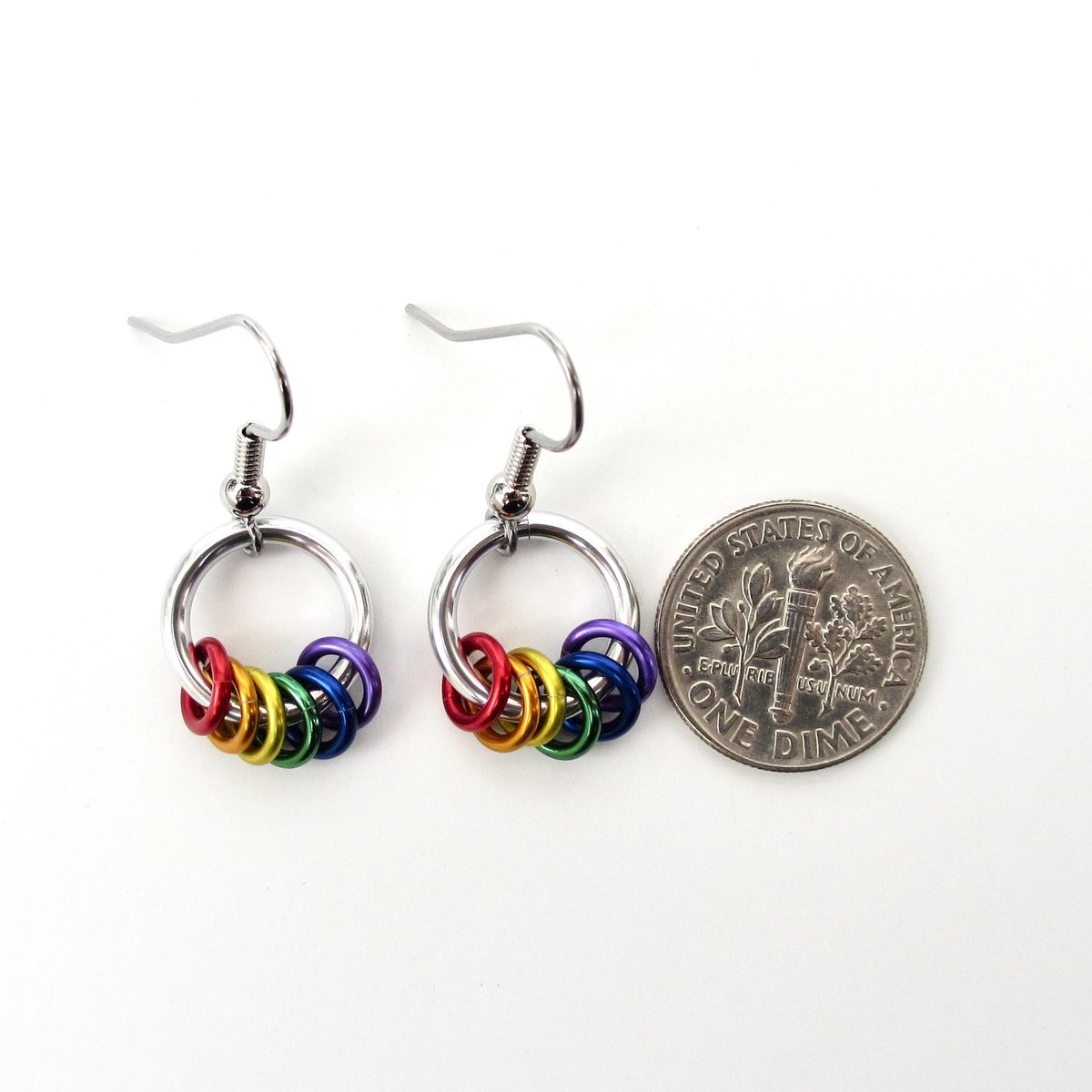 Minimalist Gay Pride Earrings with Floating Rainbow Rings - Handmade Jewelry