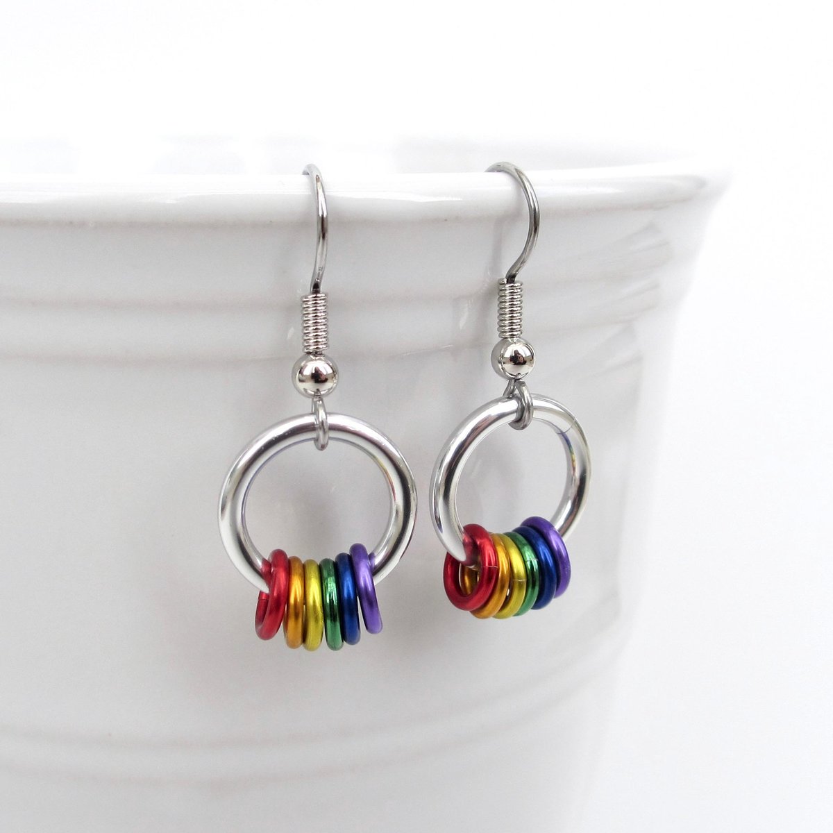 Minimalist Gay Pride Earrings with Floating Rainbow Rings - Handmade Jewelry