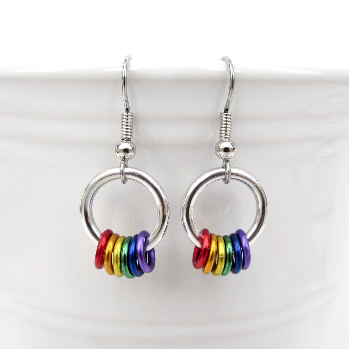 Minimalist Gay Pride Earrings with Floating Rainbow Rings - Handmade Jewelry