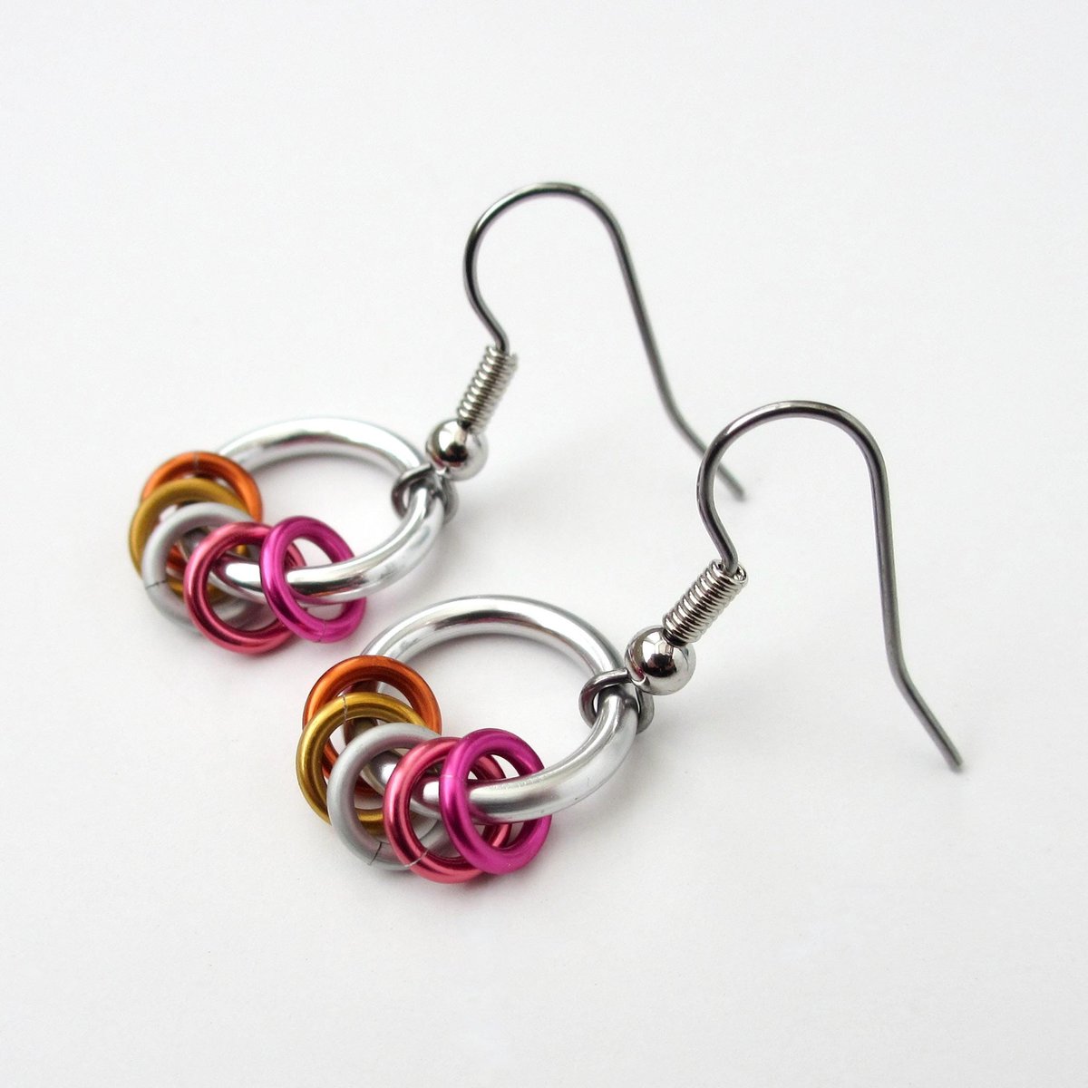 Minimalist Lesbian Pride Earrings with Floating Rings in Sunset Flag Colors - Handmade LGBTQ Jewelry